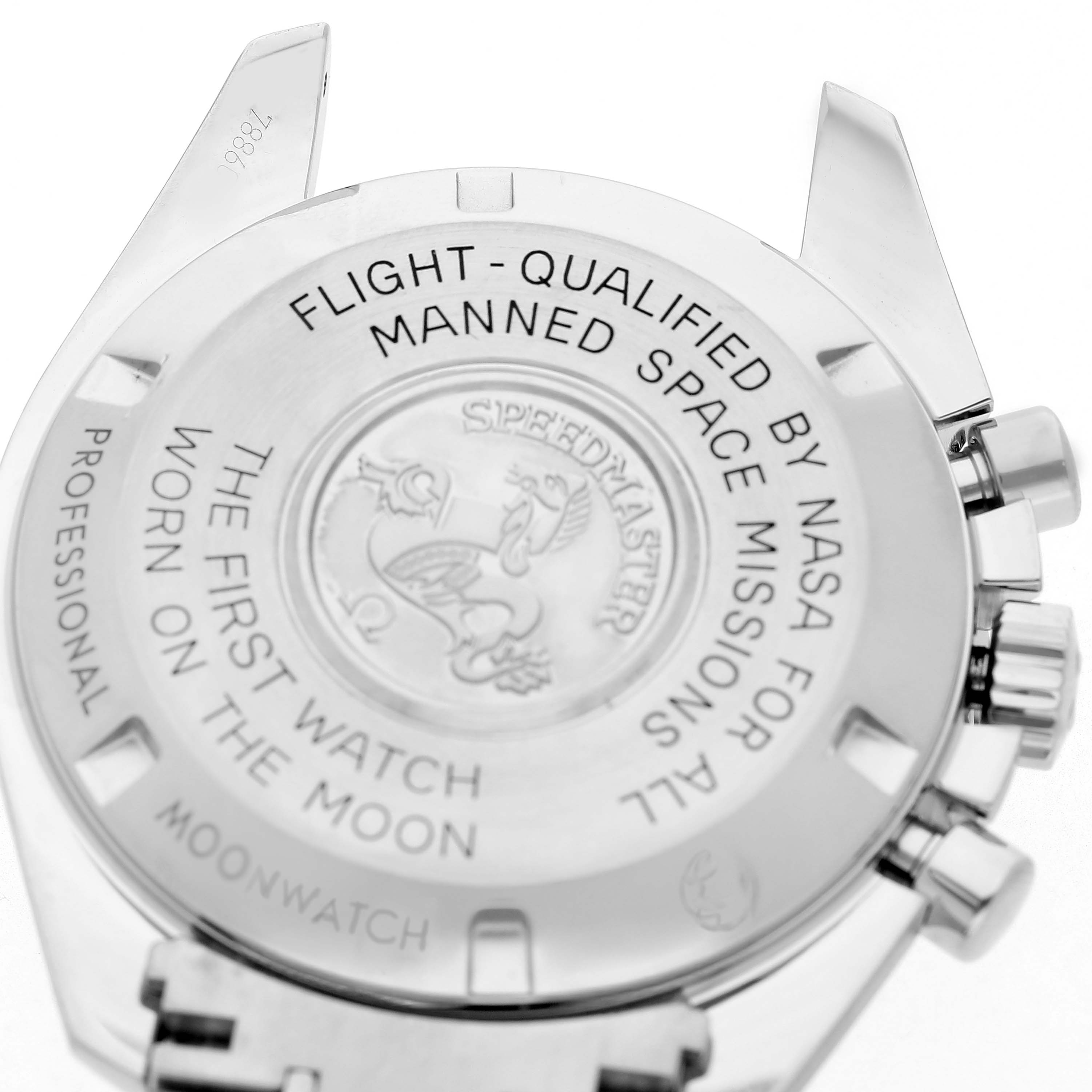 The image shows the case back of an Omega Speedmaster 311.30.42.30.01.005 Men's Stainless Steel Black Dial, highlighting engravings and the chronograph buttons.