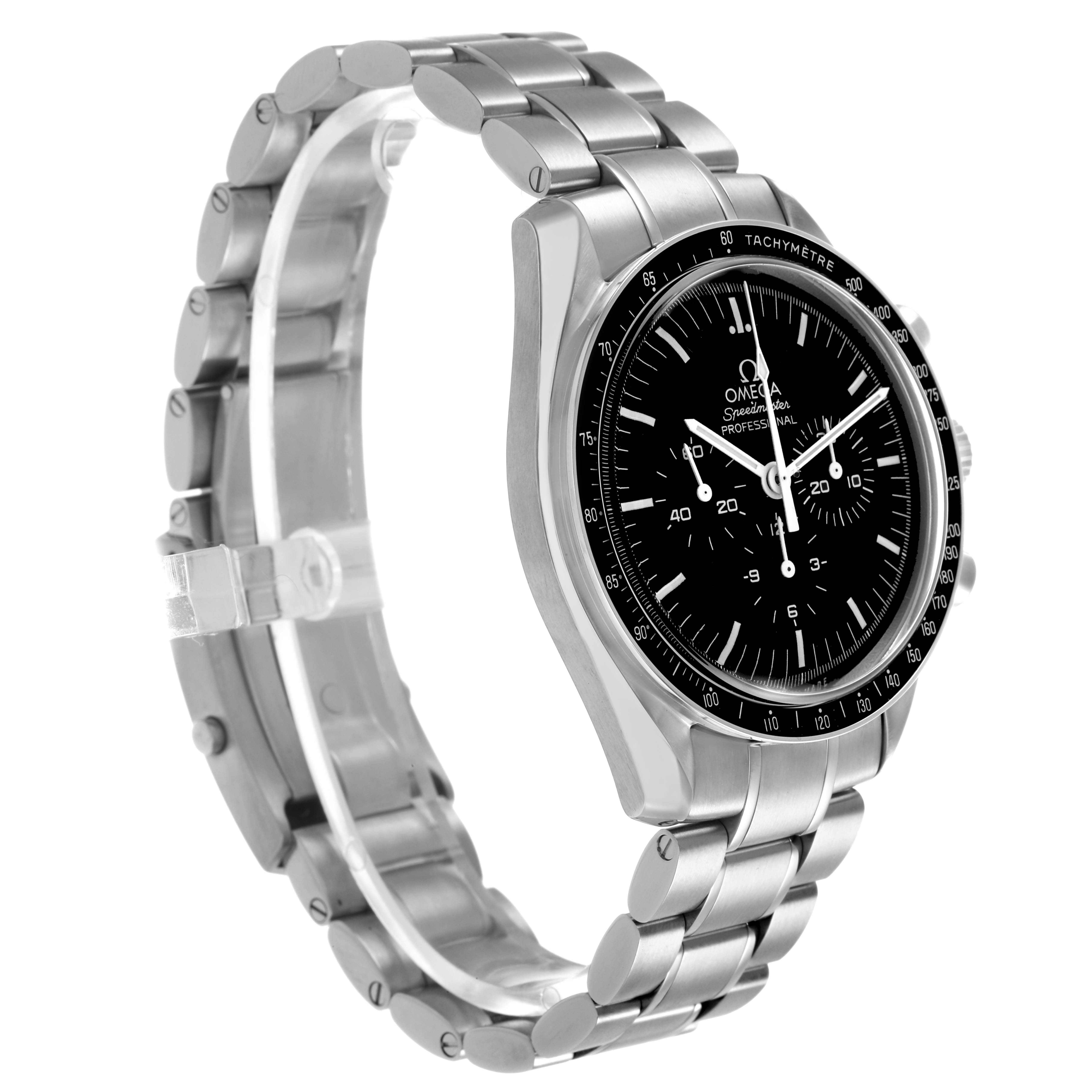 The Omega Speedmaster 311.30.42.30.01.005 Men's Stainless Steel Black Dial watch is shown at a three-quarter angle, highlighting the bracelet, bezel, and dial.