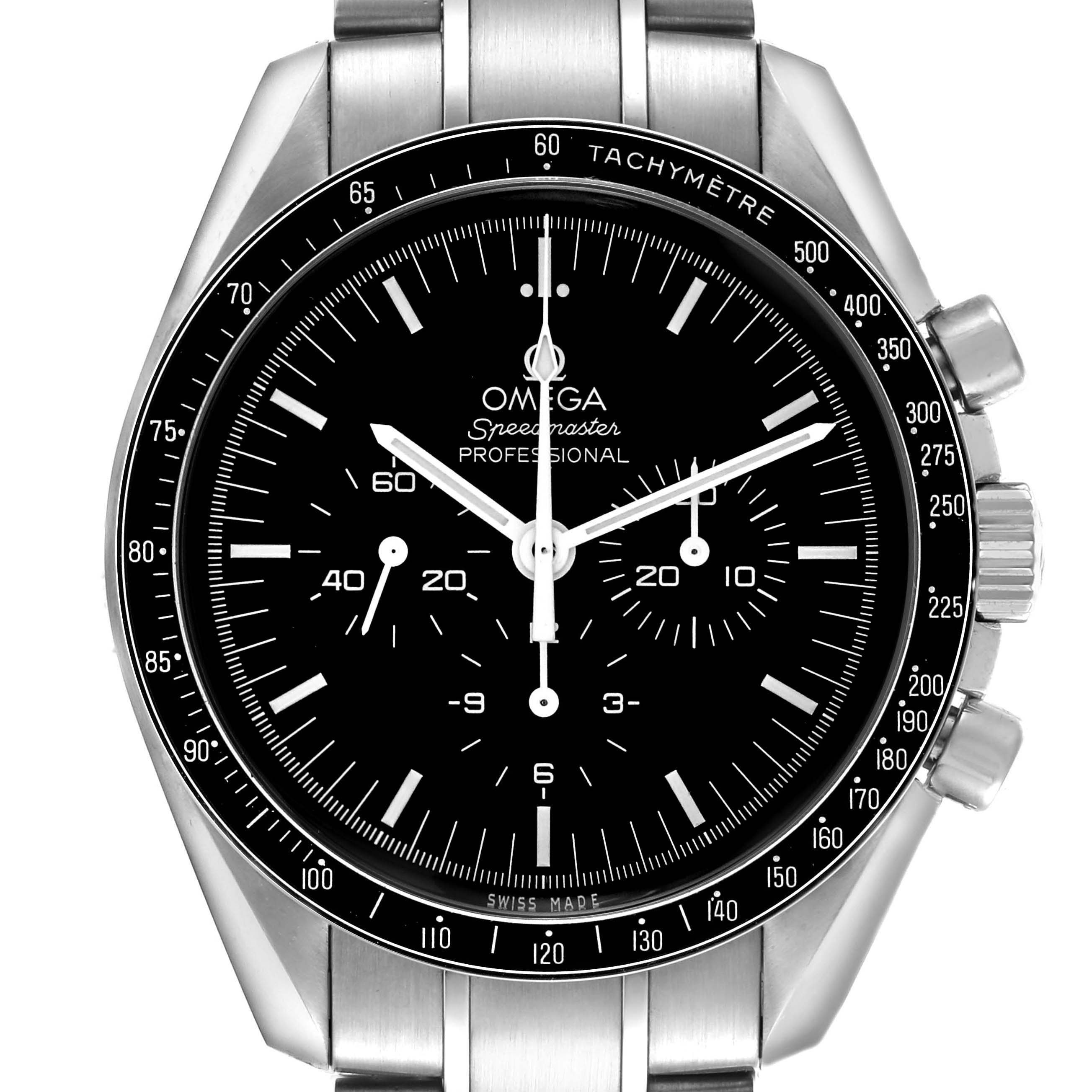 The Omega Speedmaster 311.30.42.30.01.005 Men's Stainless Steel Black Dial watch is shown from a front angle, highlighting its dial, bezel, subdials, and pushers.