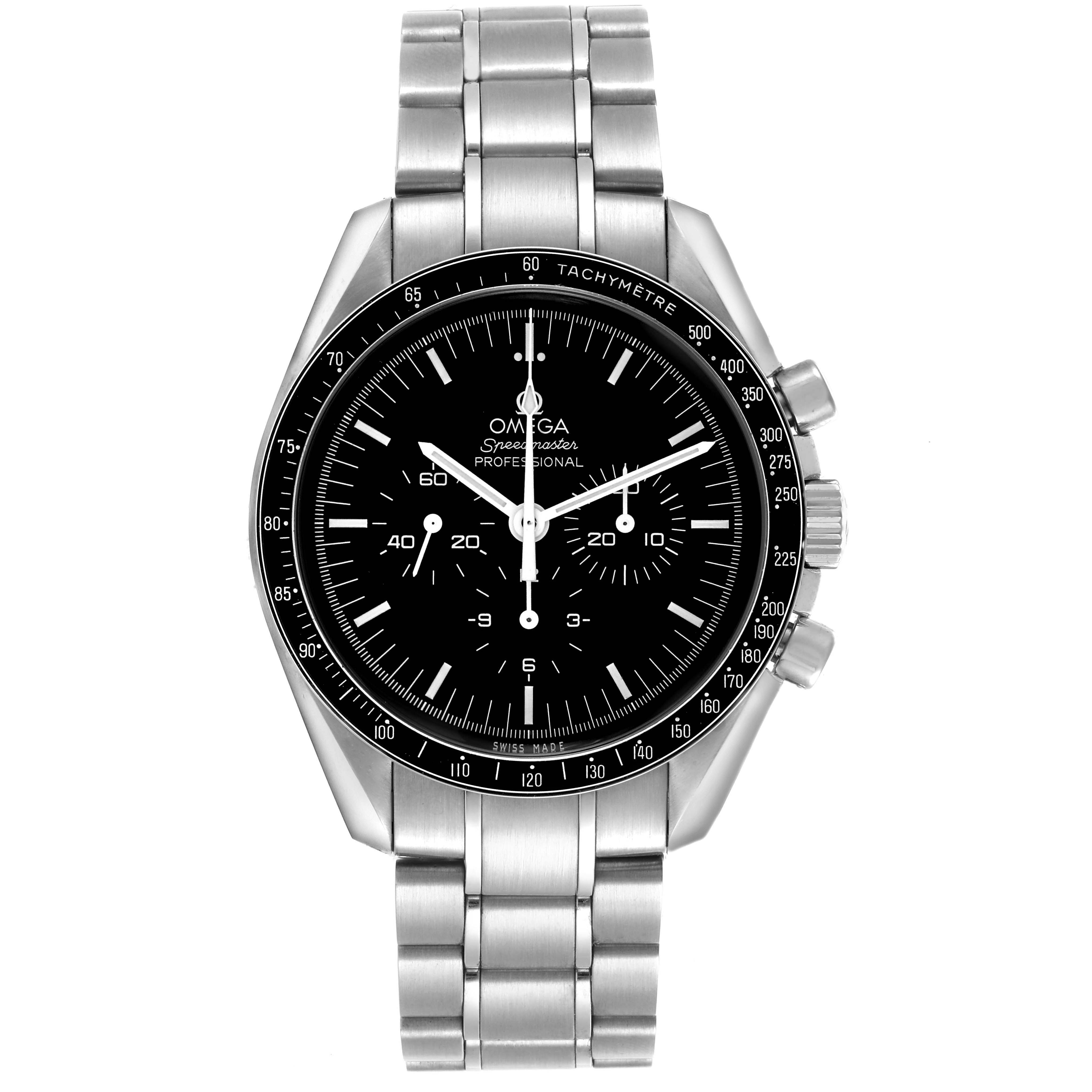The Omega Speedmaster 311.30.42.30.01.005 Men's Stainless Steel Black Dial is shown from a front angle, highlighting its face, tachymetric bezel, and stainless steel bracelet.