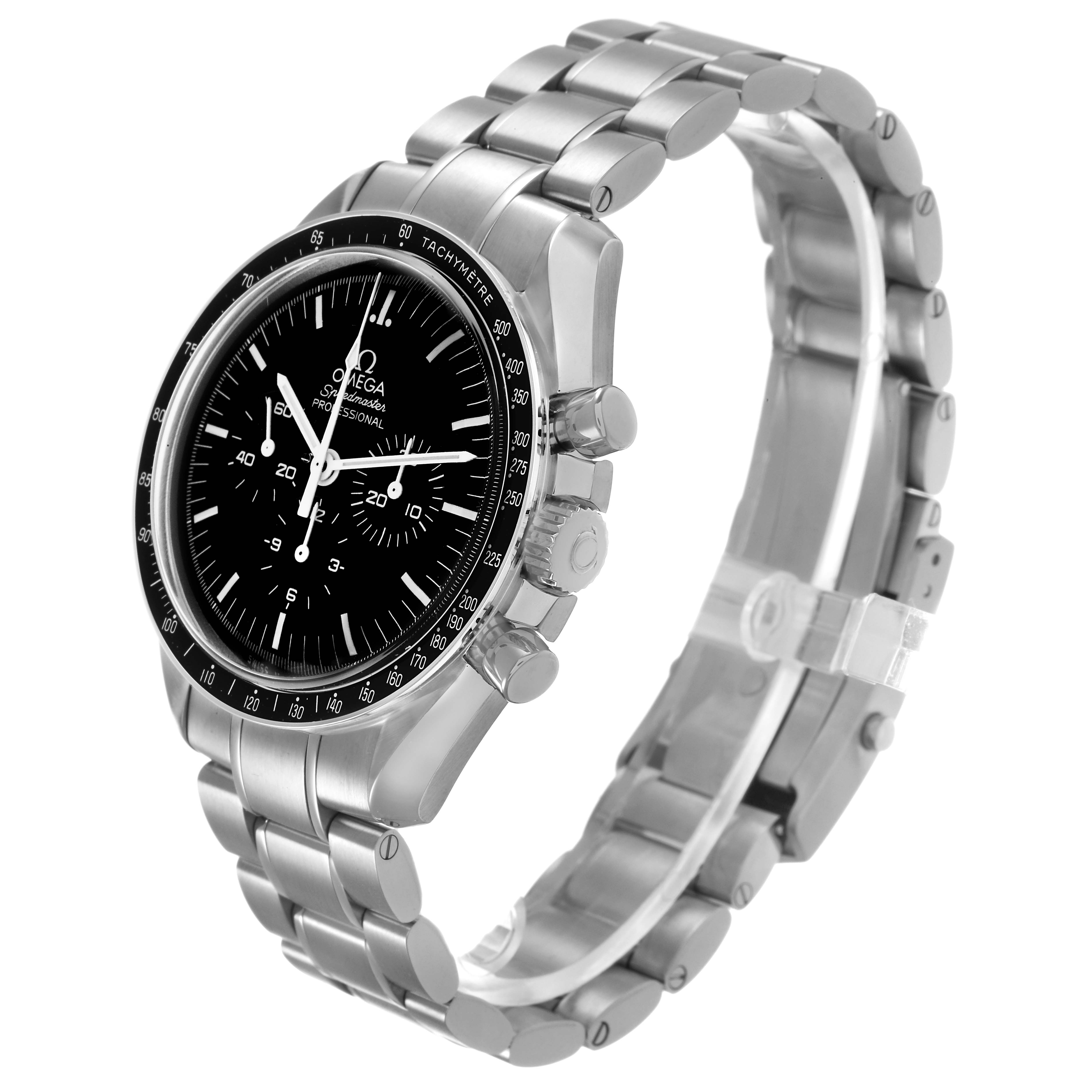 The Omega Speedmaster 311.30.42.30.01.005 Men's Stainless Steel Black Dial watch is shown at a three-quarter angle, highlighting the dial, bezel, crown, pushers, and bracelet.