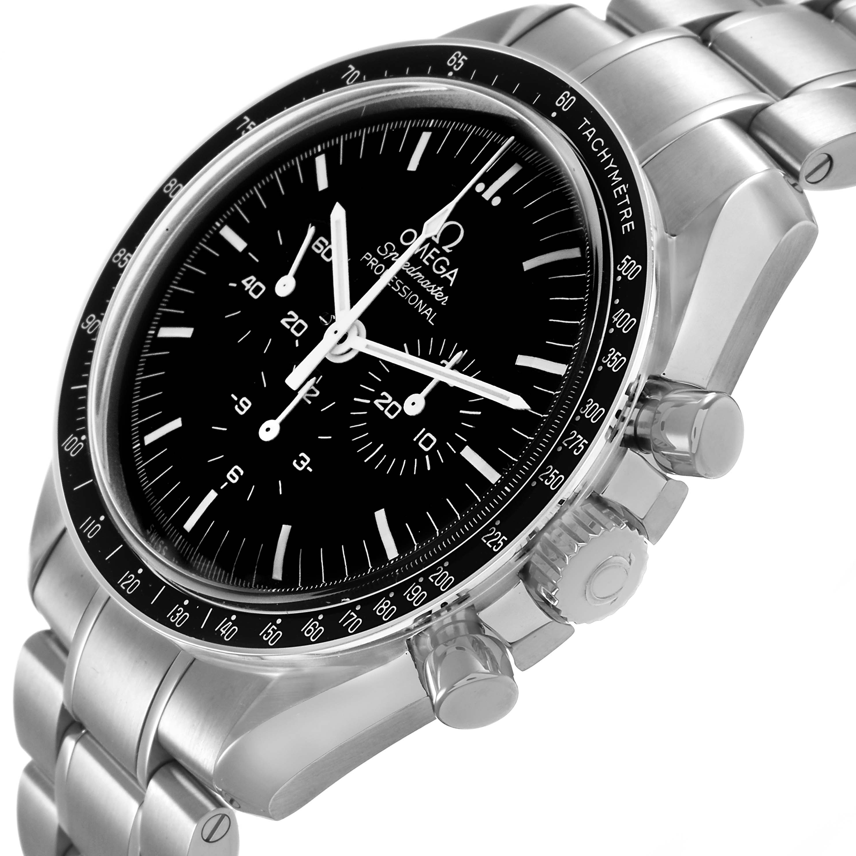 The Omega Speedmaster 311.30.42.30.01.005 Men's Stainless Steel Black Dial watch is shown at a three-quarter angle, displaying the dial, bezel, case, pushers, and bracelet.