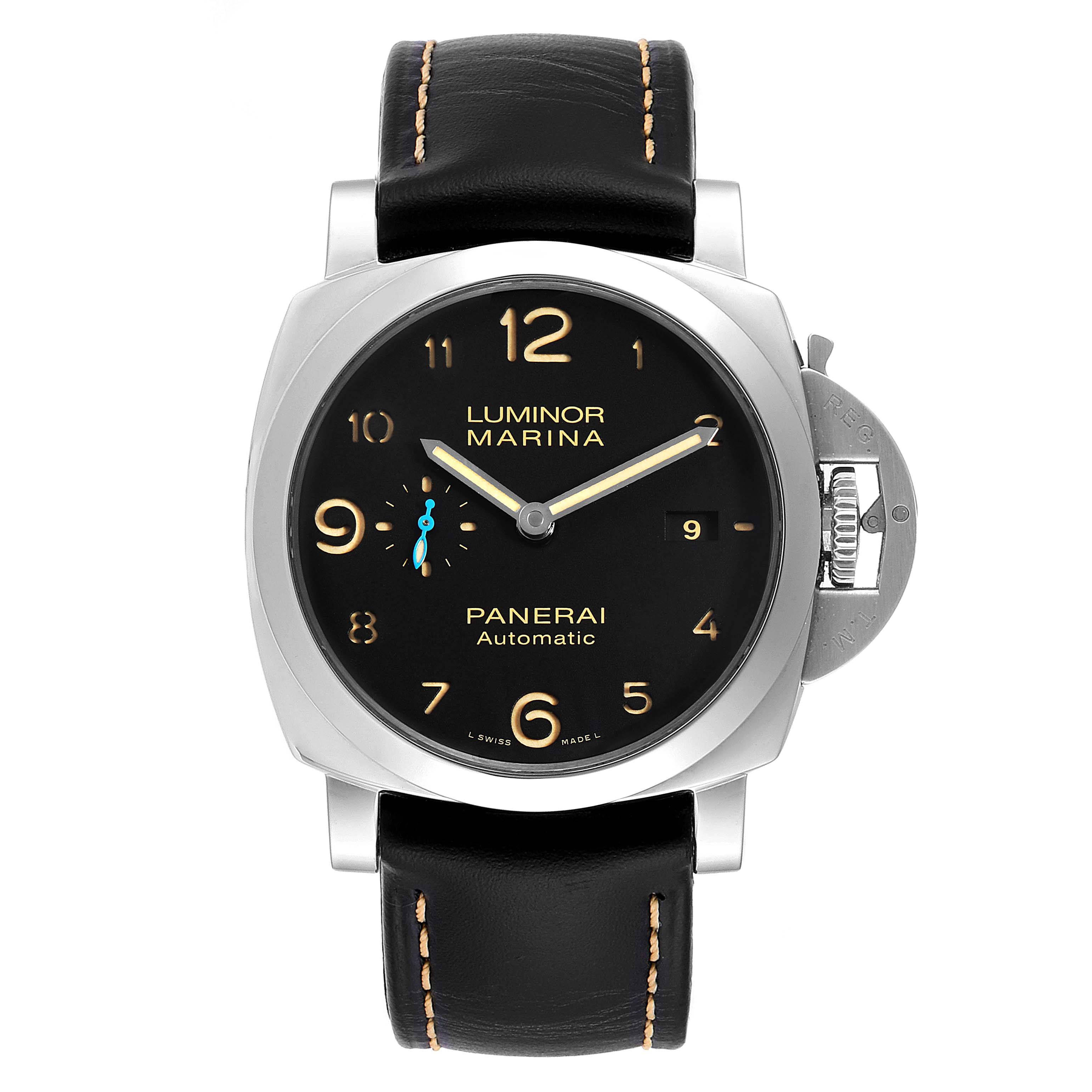 This is a front-angle view of a Panerai Luminor PAM01359 Men
s Stainless Steel Black Dial PAM01359 Men
s Stainless Steel Black Dial Marina watch showcasing the dial, case, strap, and crown guard.