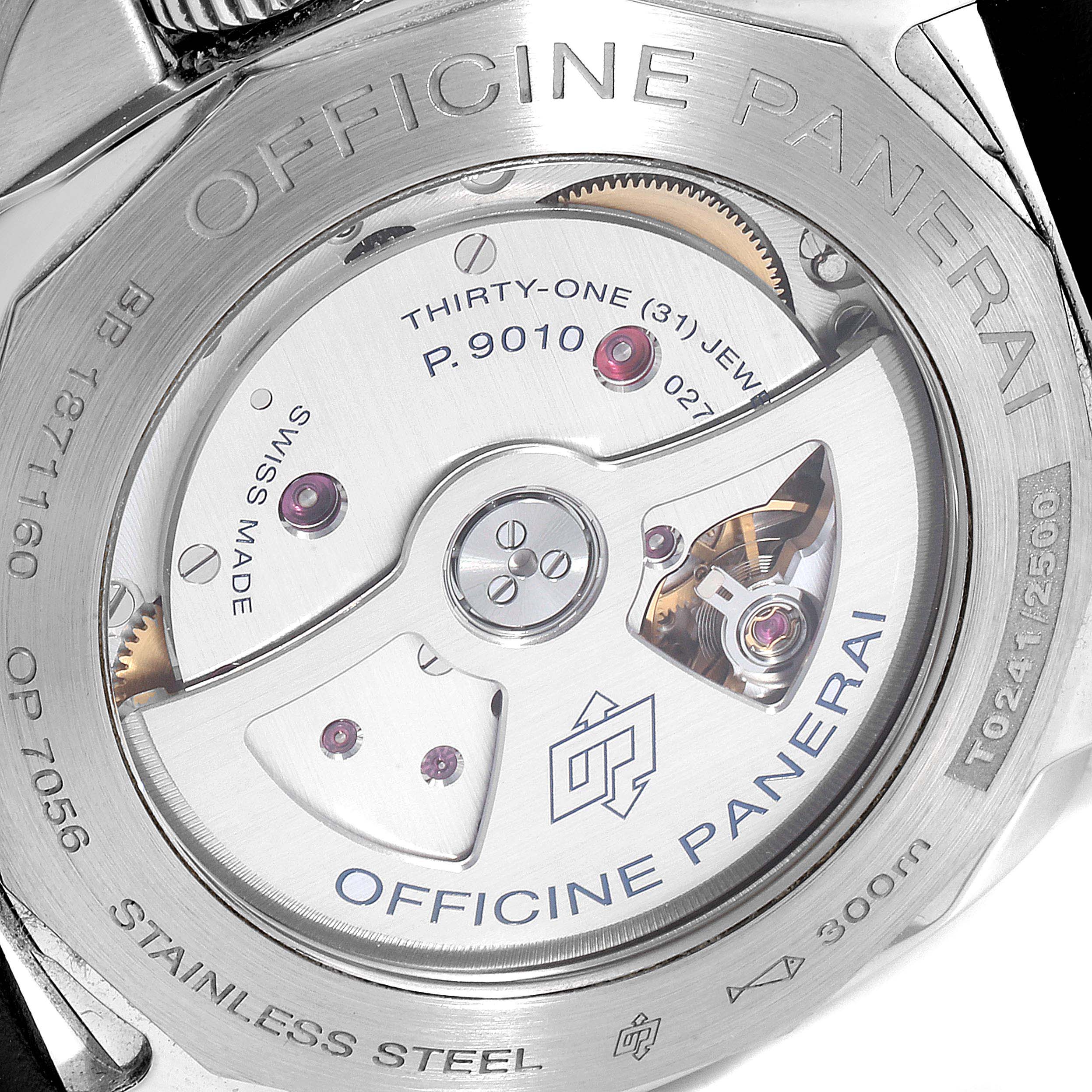 The image shows the back view of the Panerai Luminor PAM01359 Men
s Stainless Steel Black Dial PAM01359 Men
s Stainless Steel Black Dial watch, revealing its internal mechanism and "OFFICINE PANERAI" engraving.