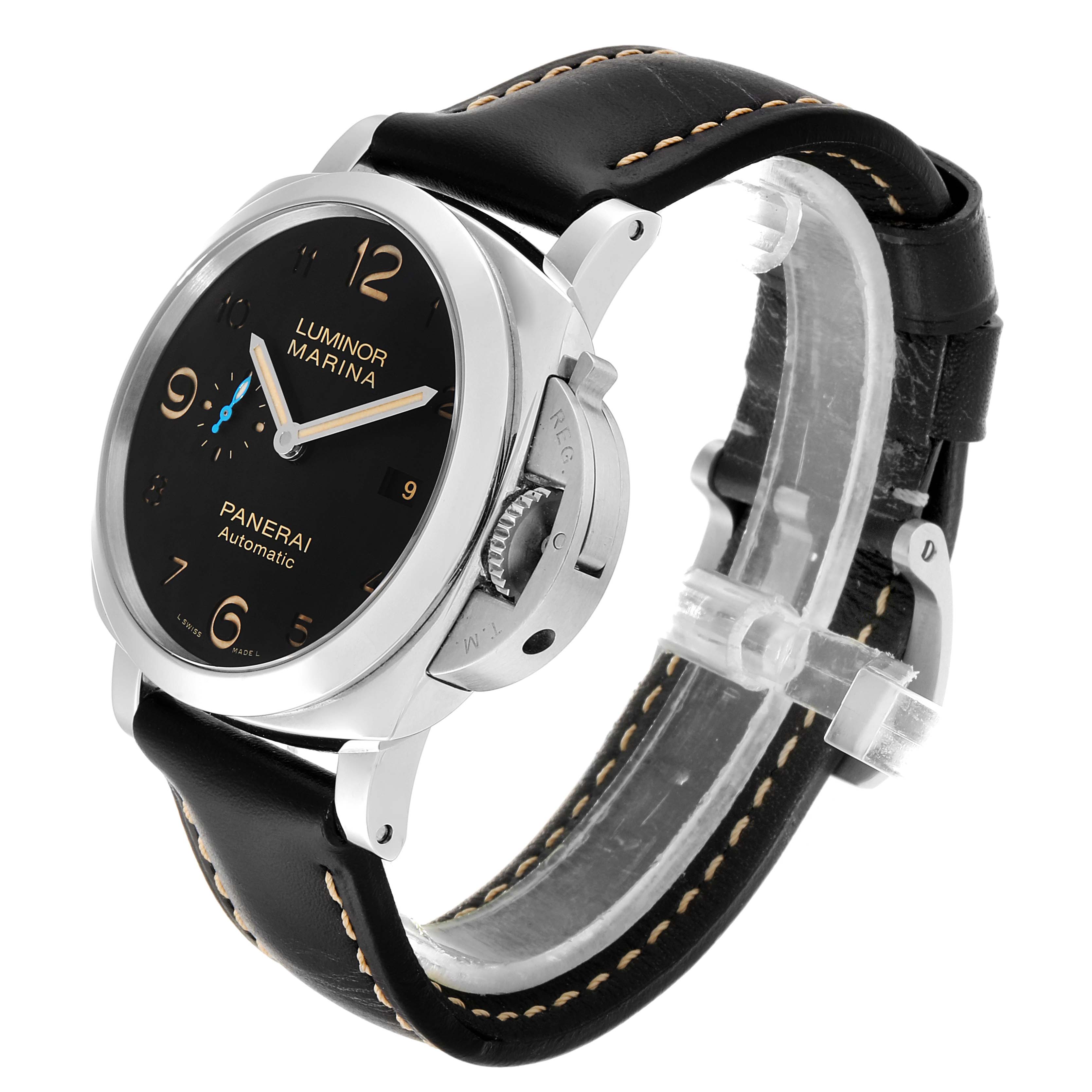 The image shows a side and front angled view of the Panerai Luminor PAM01359 Men
s Stainless Steel Black Dial PAM01359 Men
s Stainless Steel Black Dial Marina watch, highlighting the dial and crown protector.