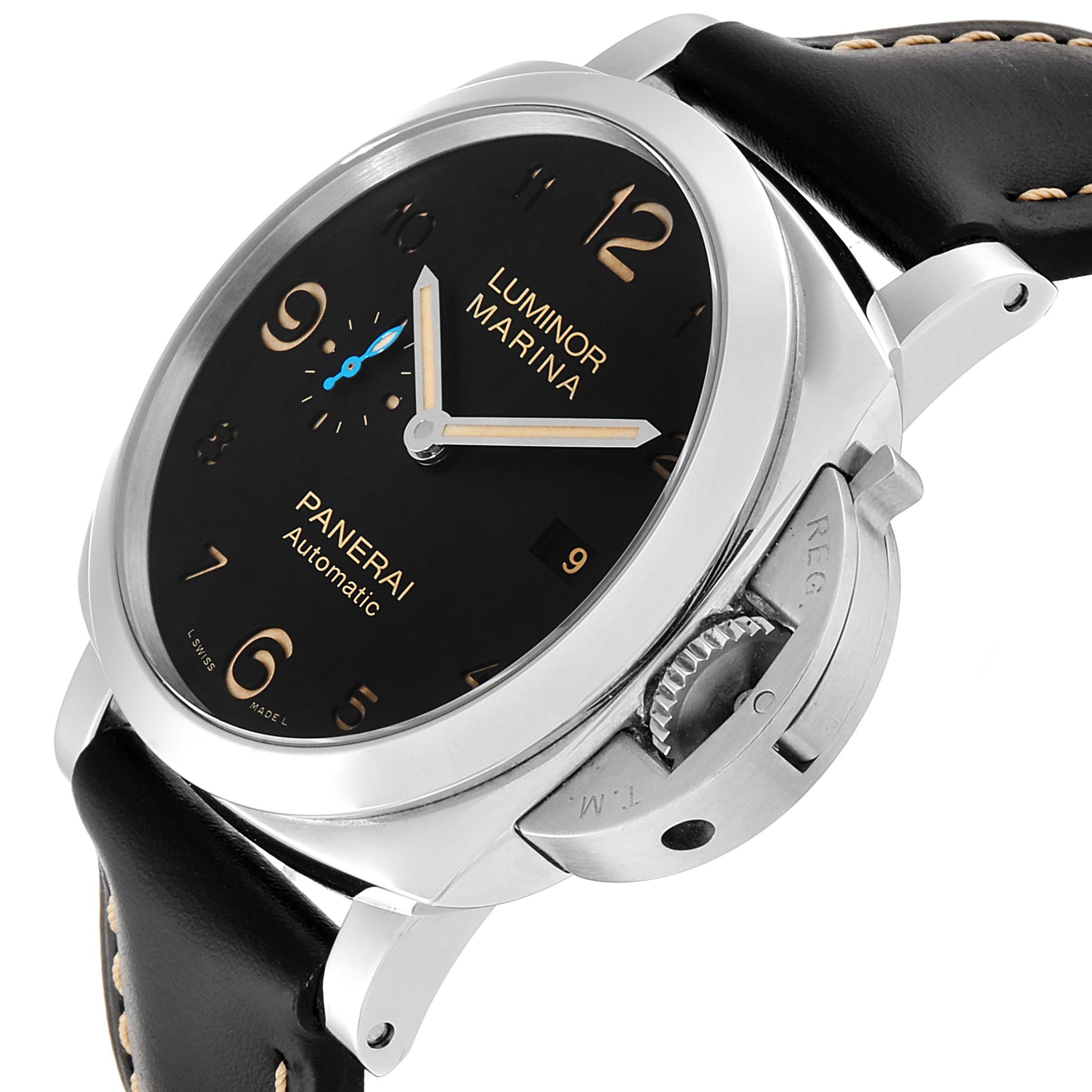 This is an angled side view of a Panerai Luminor PAM01359 Men
s Stainless Steel Black Dial PAM01359 Men
s Stainless Steel Black Dial watch, showing the crown guard, case, dial, and part of the strap.
