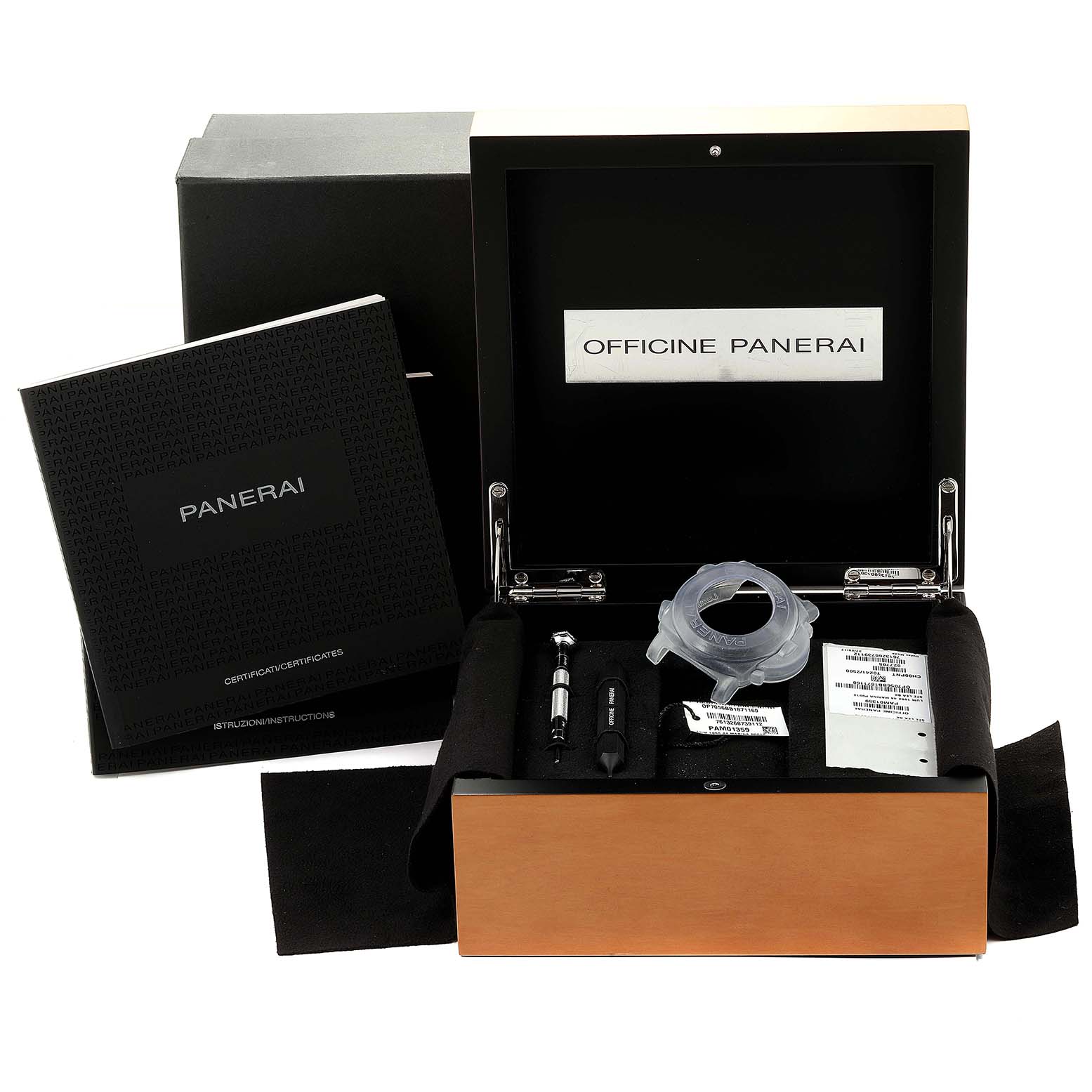The image shows the packaging and accessories for a Panerai Luminor PAM01359 Men
s Stainless Steel Black Dial PAM01359 Men
s Stainless Steel Black Dial watch, including a box, manual, and tools.