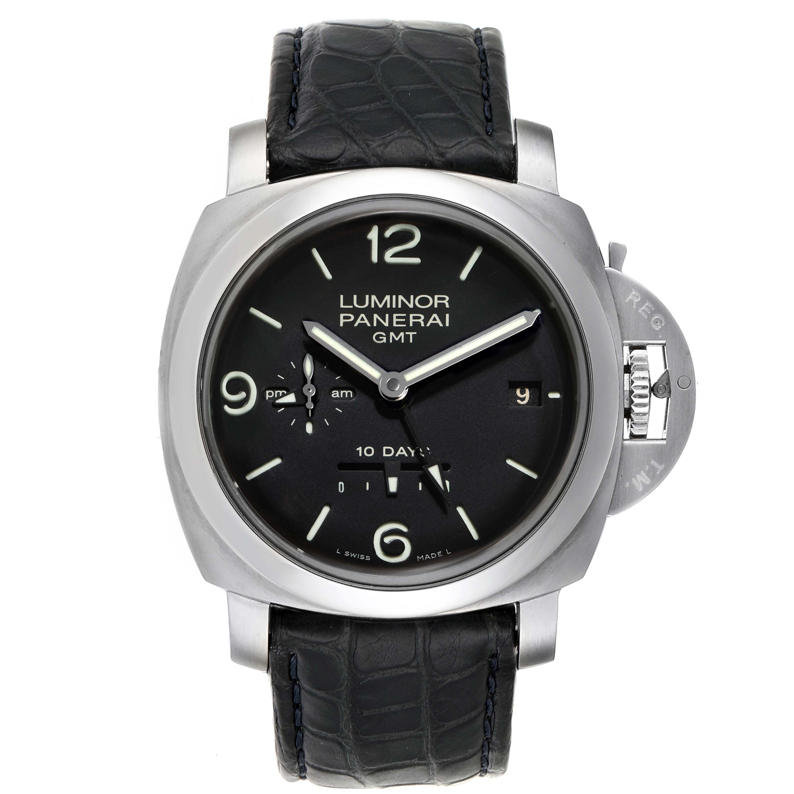 The image shows a front view of a Panerai Luminor PAM00270 Men's Stainless Steel Black Dial PAM00270 Men's Stainless Steel Black Dial GMT watch, highlighting the dial, leather strap, and crown protector.