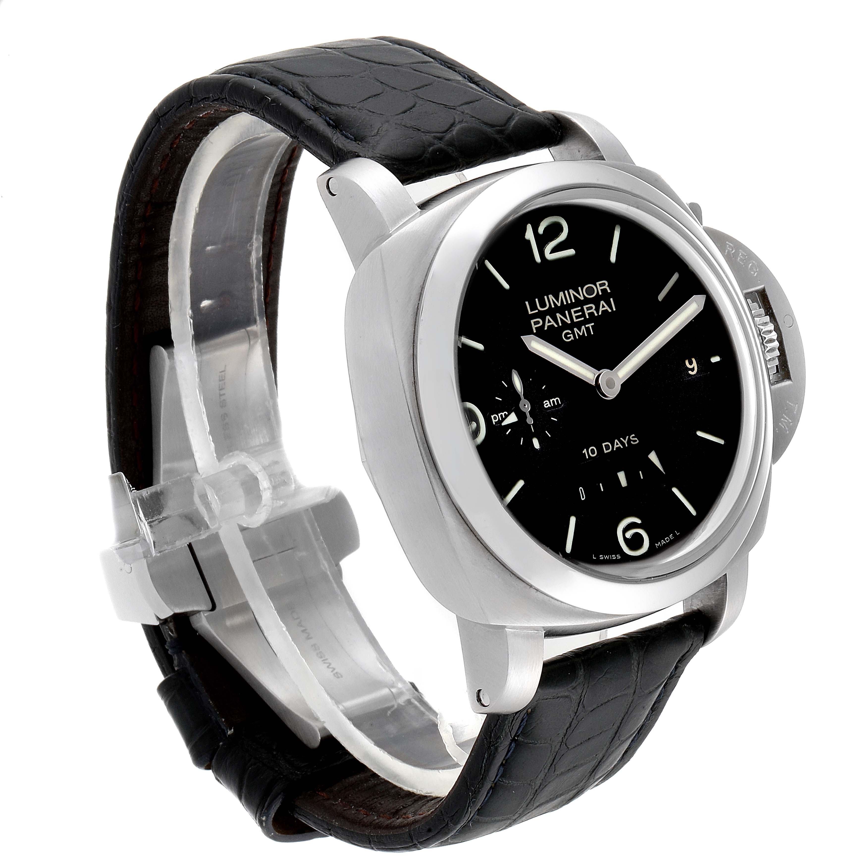 The Panerai Luminor PAM00270 Men's Stainless Steel Black Dial PAM00270 Men's Stainless Steel Black Dial watch is shown at an angled side view, highlighting its black dial, crown guard, and black leather strap.