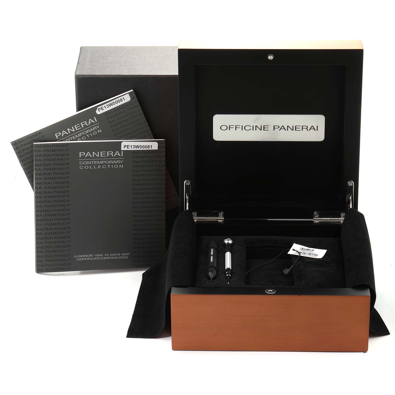 The image shows an open Panerai Luminor PAM00270 Men's Stainless Steel Black Dial PAM00270 Men's Stainless Steel Black Dial watch box and accessories, including manuals and tools from a front angle.