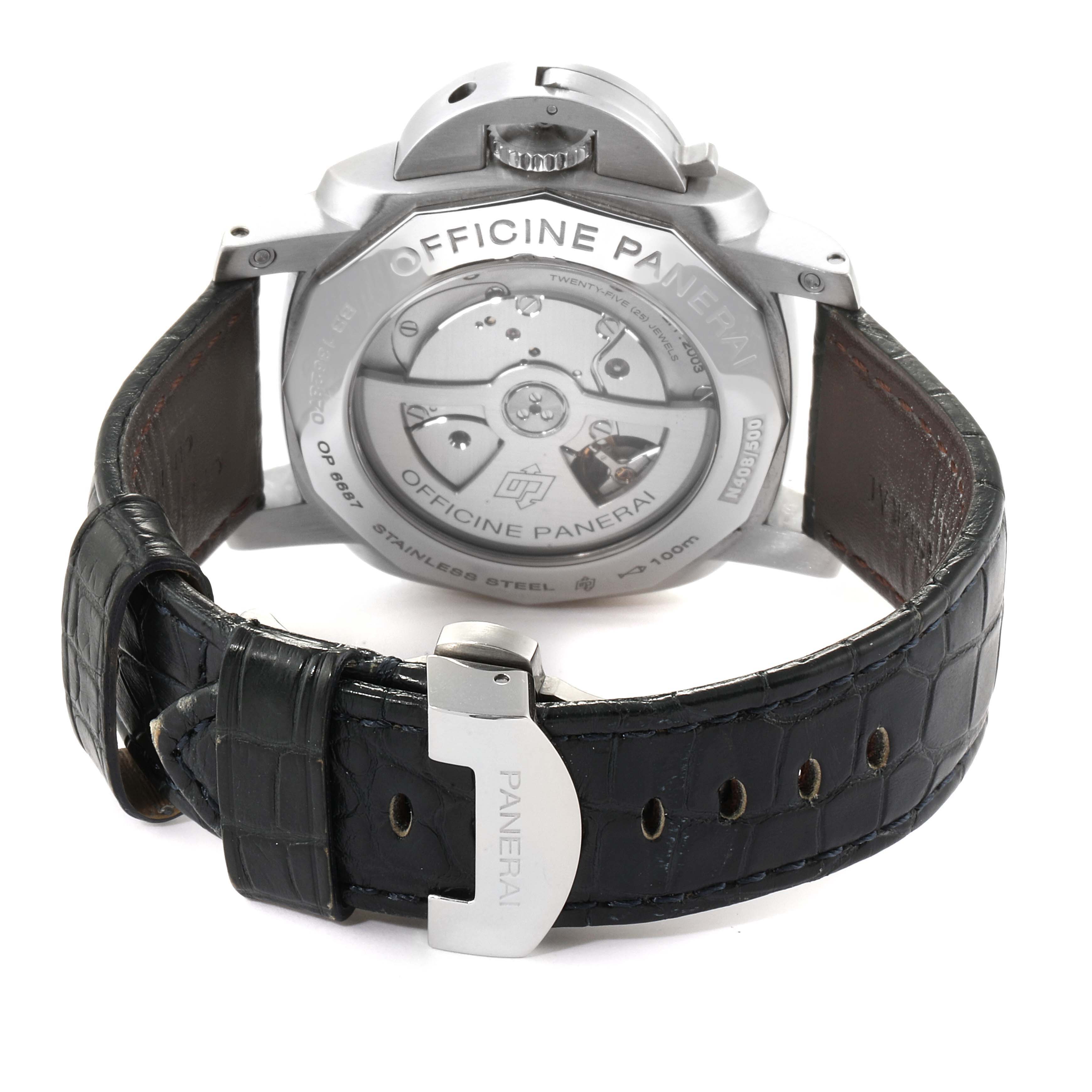 The image shows the back view of a Panerai Luminor PAM00270 Men's Stainless Steel Black Dial PAM00270 Men's Stainless Steel Black Dial watch, highlighting its movement, case back, and leather strap.