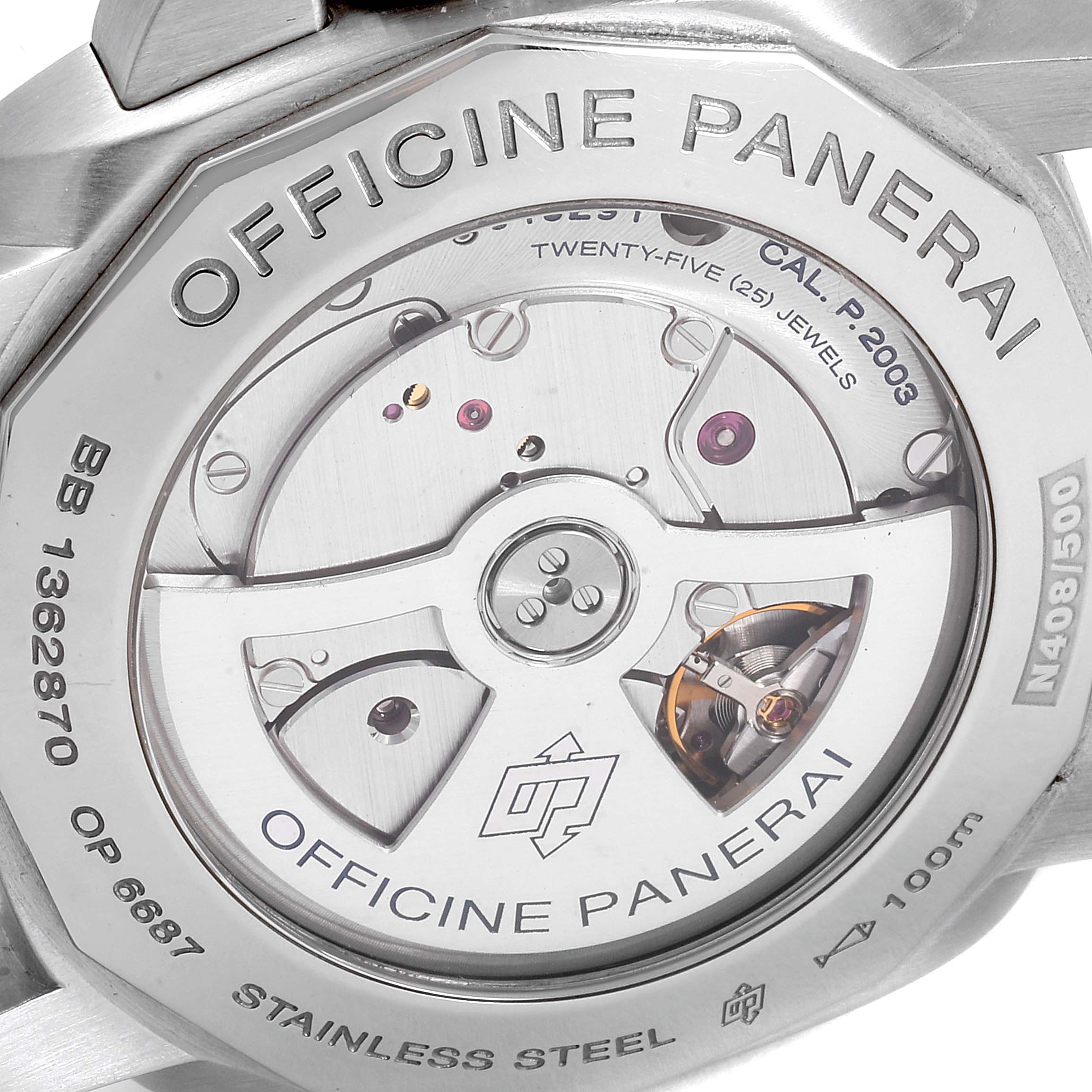 This image shows the transparent back case of a Panerai Luminor PAM00270 Men's Stainless Steel Black Dial PAM00270 Men's Stainless Steel Black Dial watch, revealing the intricate movement and inner components.