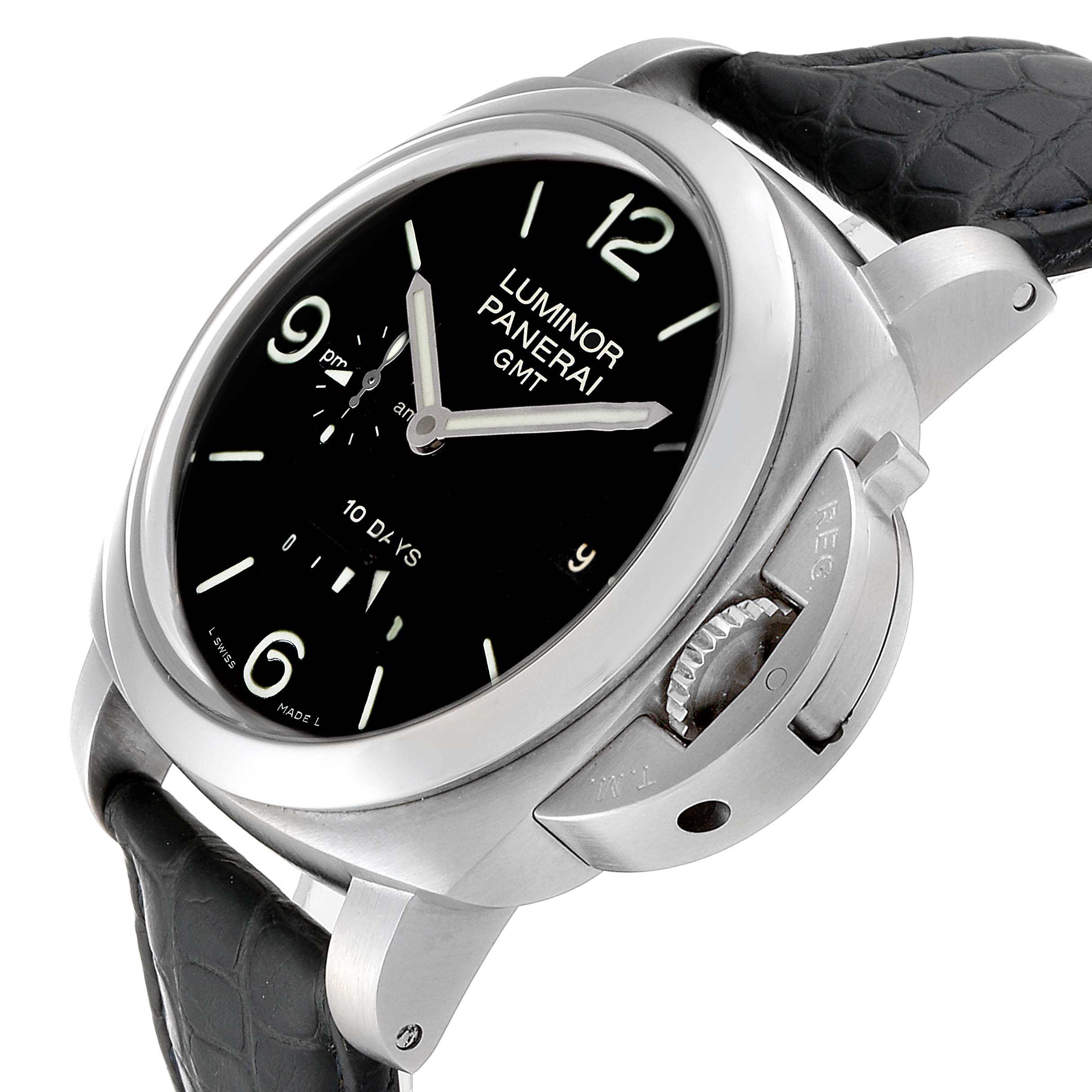 The image shows a Panerai Luminor PAM00270 Men's Stainless Steel Black Dial PAM00270 Men's Stainless Steel Black Dial watch from a side angle, highlighting its black dial, crown guard, and textured leather strap.