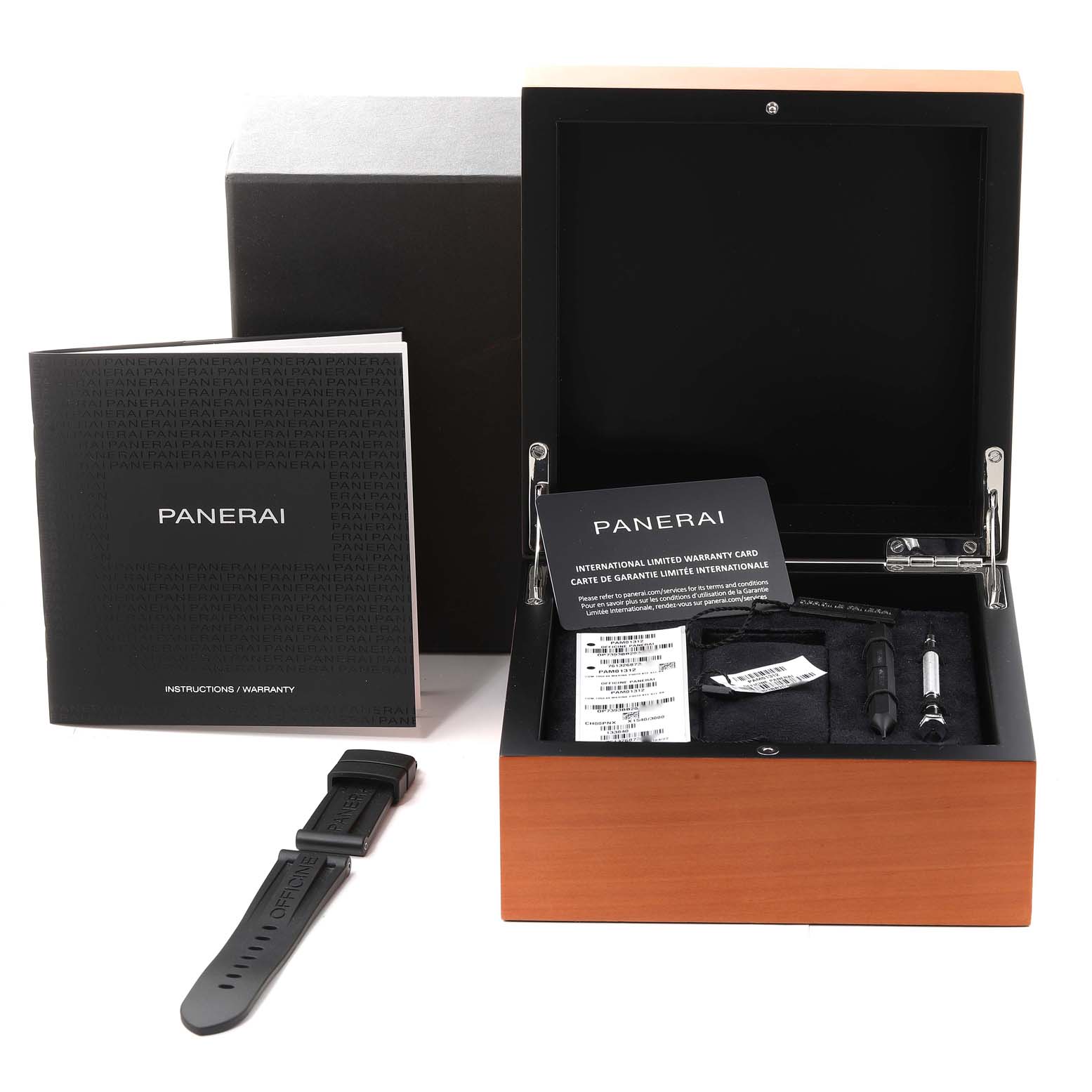 The image shows the packaging, warranty card, instructions, an extra strap, and tools for the Panerai Luminor PAM01312 Men's Stainless Steel Black Dial PAM01312 Men's Stainless Steel Black Dial watch.