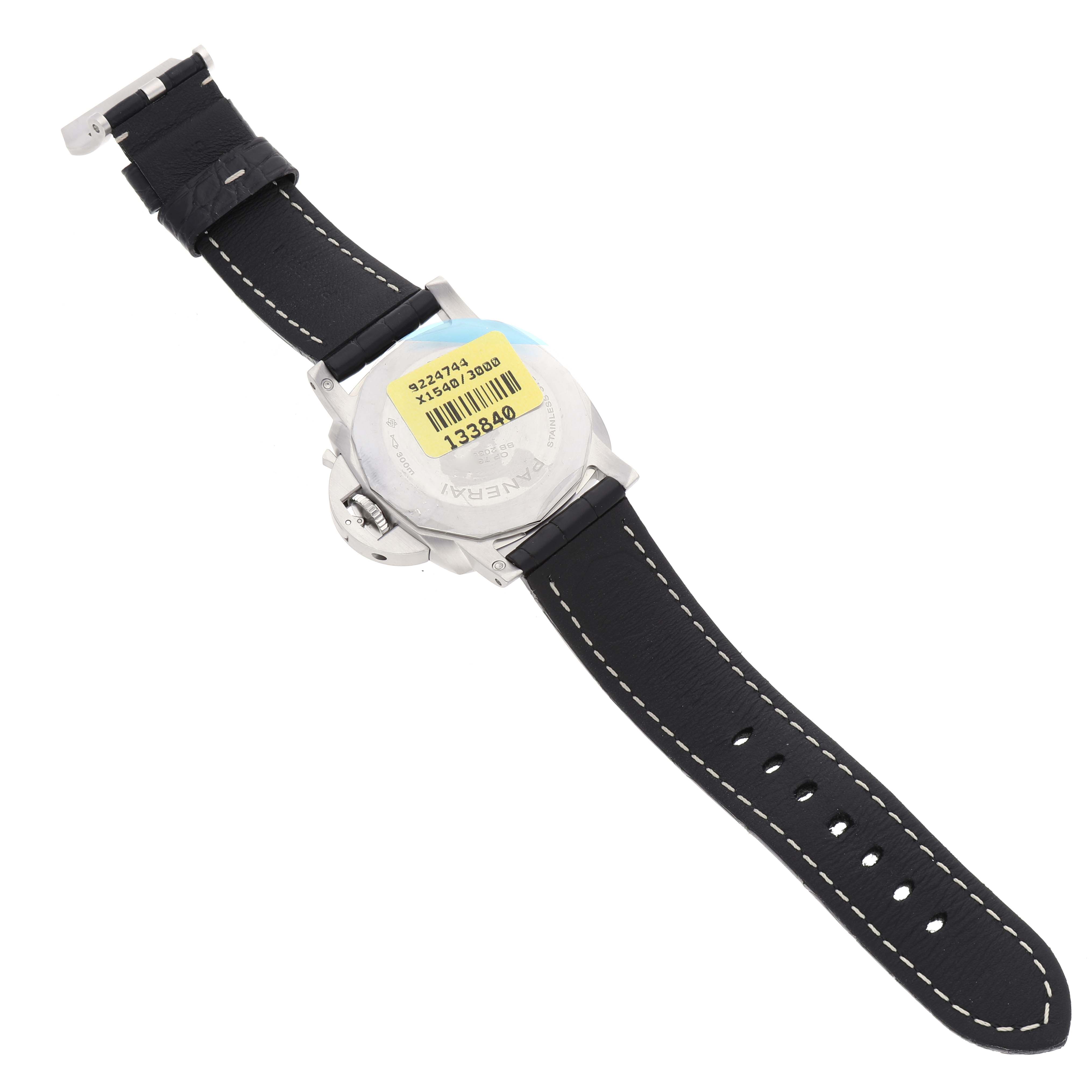 The image shows the back of a Panerai Luminor PAM01312 Men's Stainless Steel Black Dial PAM01312 Men's Stainless Steel Black Dial watch, highlighting the case back, strap, and buckle.