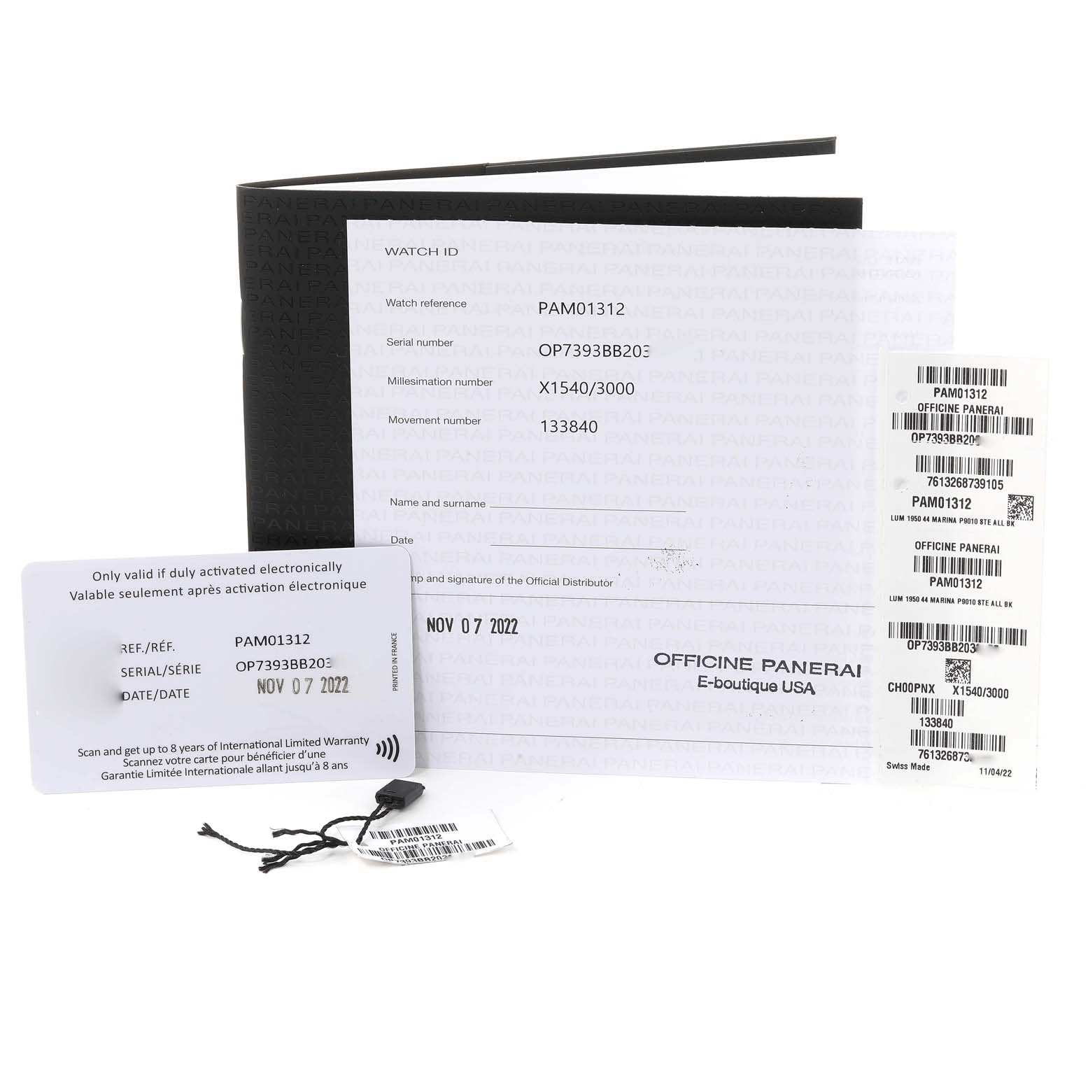 The image shows documents and warranty cards for the Panerai Luminor PAM01312 Men's Stainless Steel Black Dial PAM01312 Men's Stainless Steel Black Dial model PAM01312.