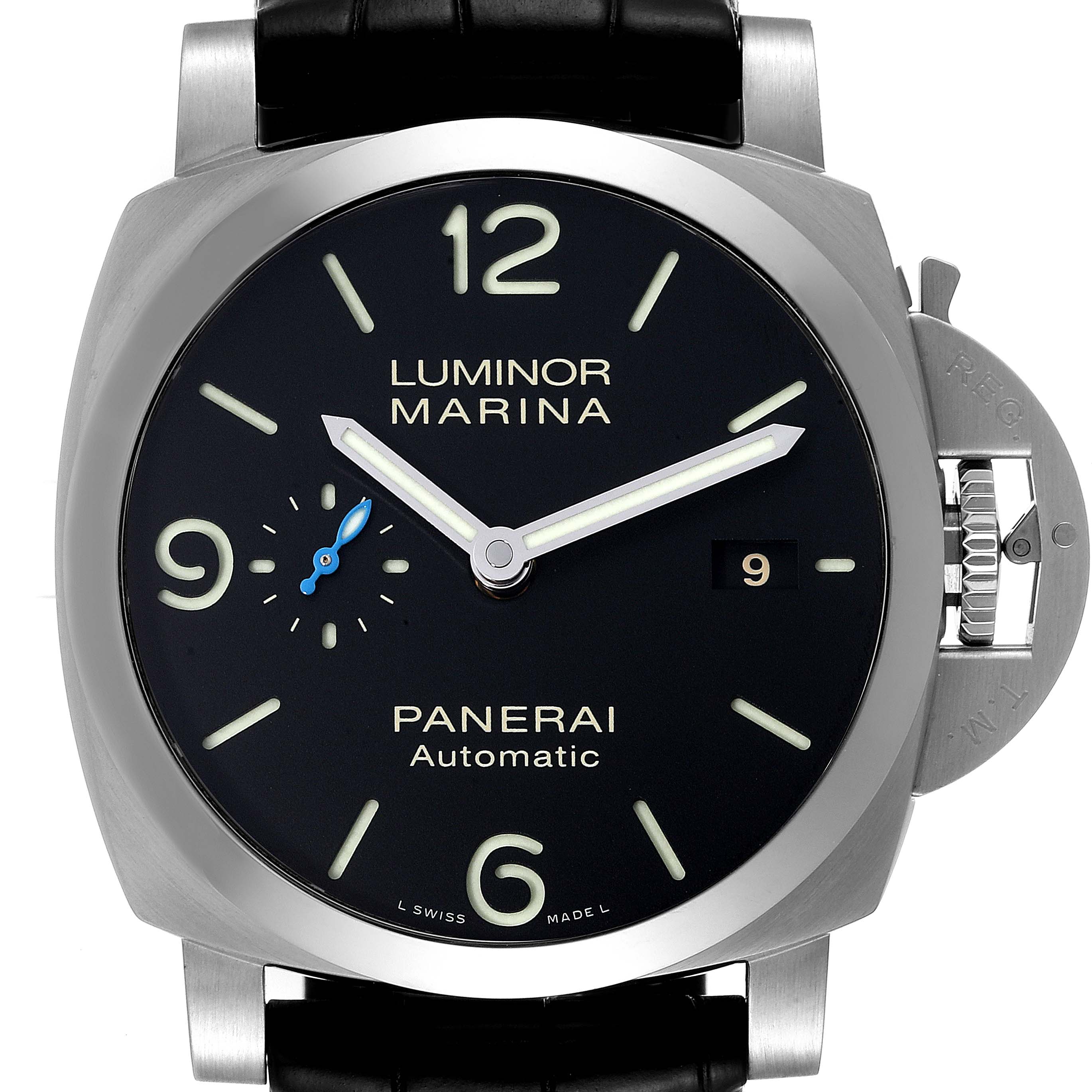 This image shows a front view of the Panerai Luminor PAM01312 Men's Stainless Steel Black Dial PAM01312 Men's Stainless Steel Black Dial Marina watch, highlighting the dial, hands, crown, and date window.