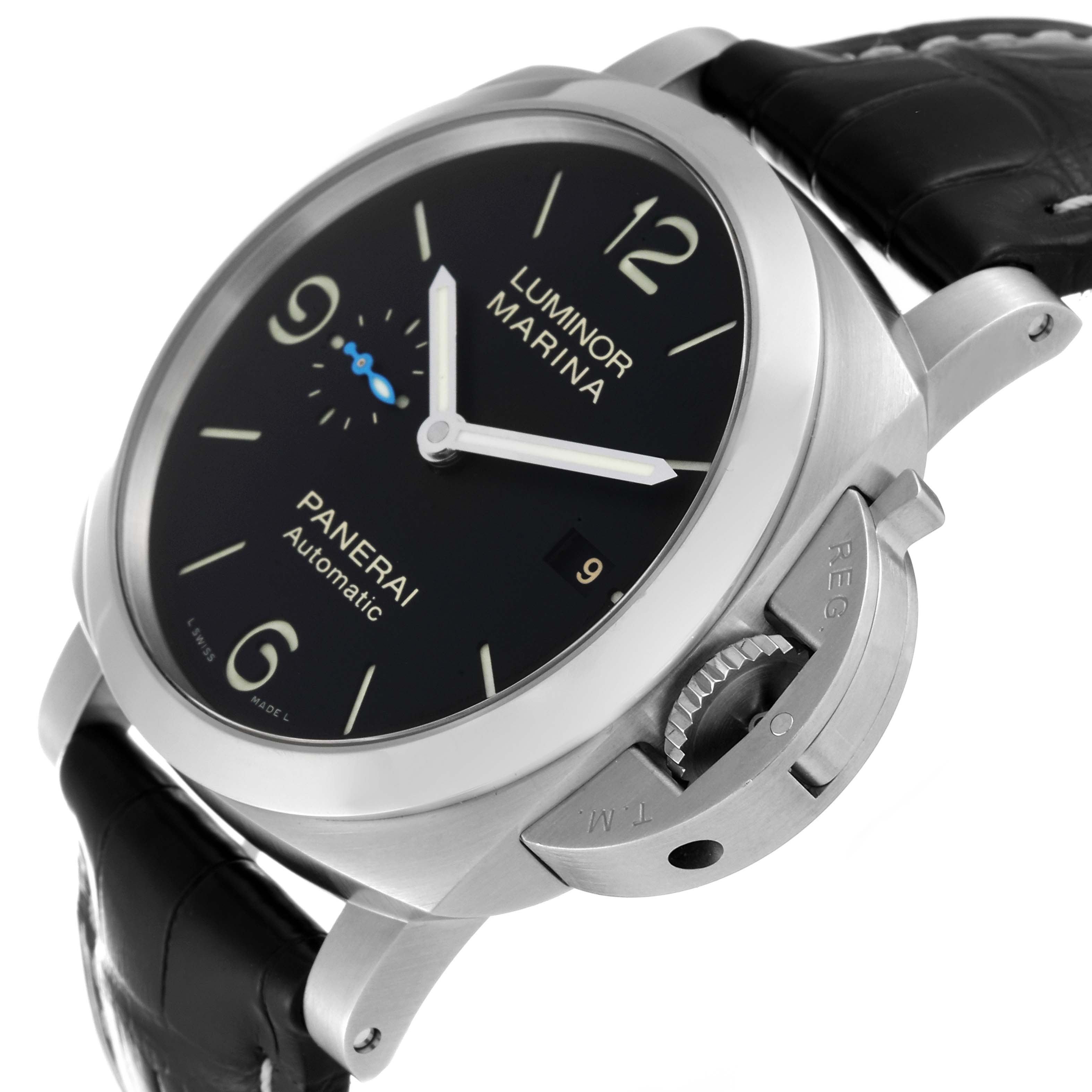 The Panerai Luminor PAM01312 Men's Stainless Steel Black Dial PAM01312 Men's Stainless Steel Black Dial watch is shown at a three-quarter angle, highlighting the dial, bezel, crown guard, and strap.
