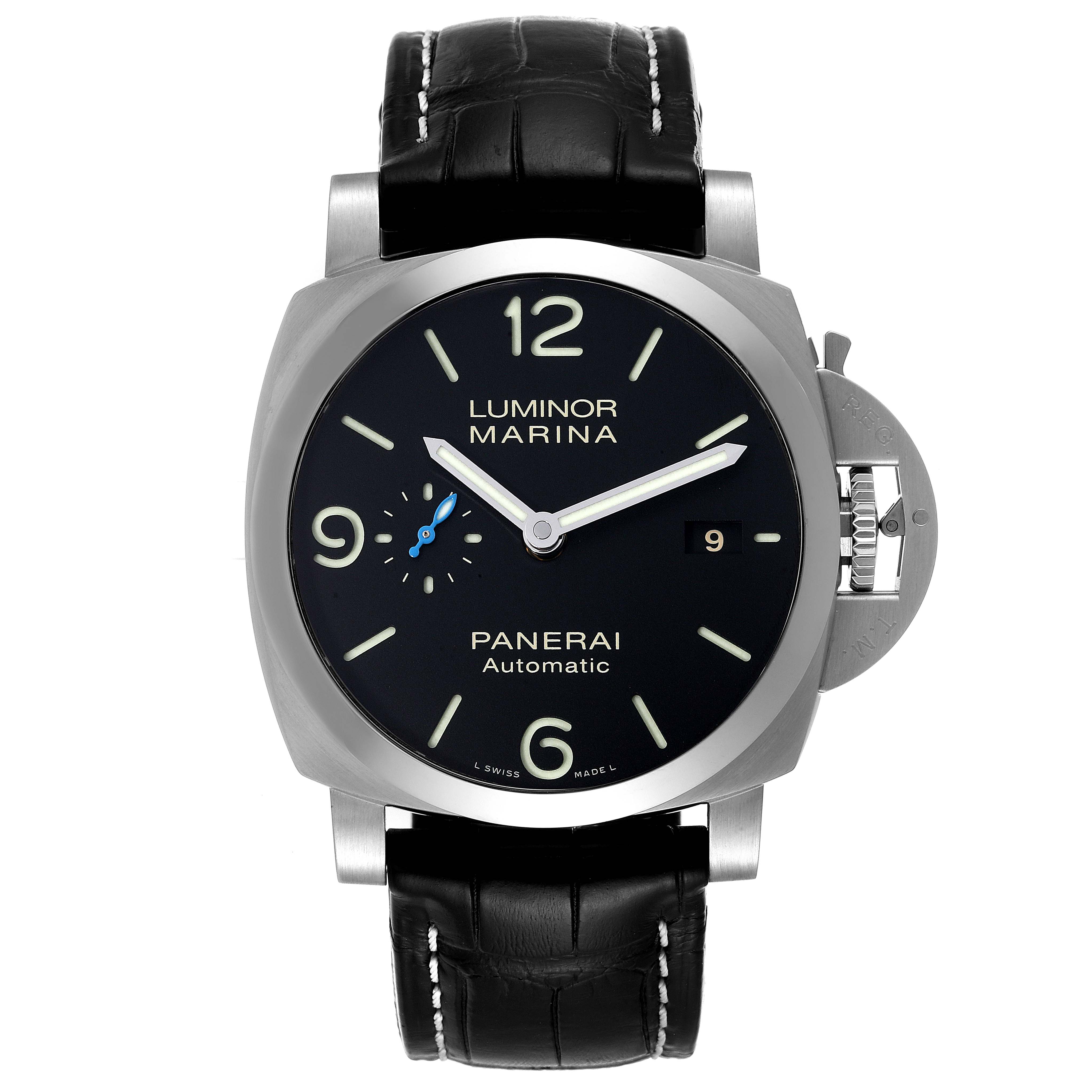 The image shows a front view of a Panerai Luminor PAM01312 Men's Stainless Steel Black Dial PAM01312 Men's Stainless Steel Black Dial Marina watch, displaying the dial, hands, date window, and leather strap.