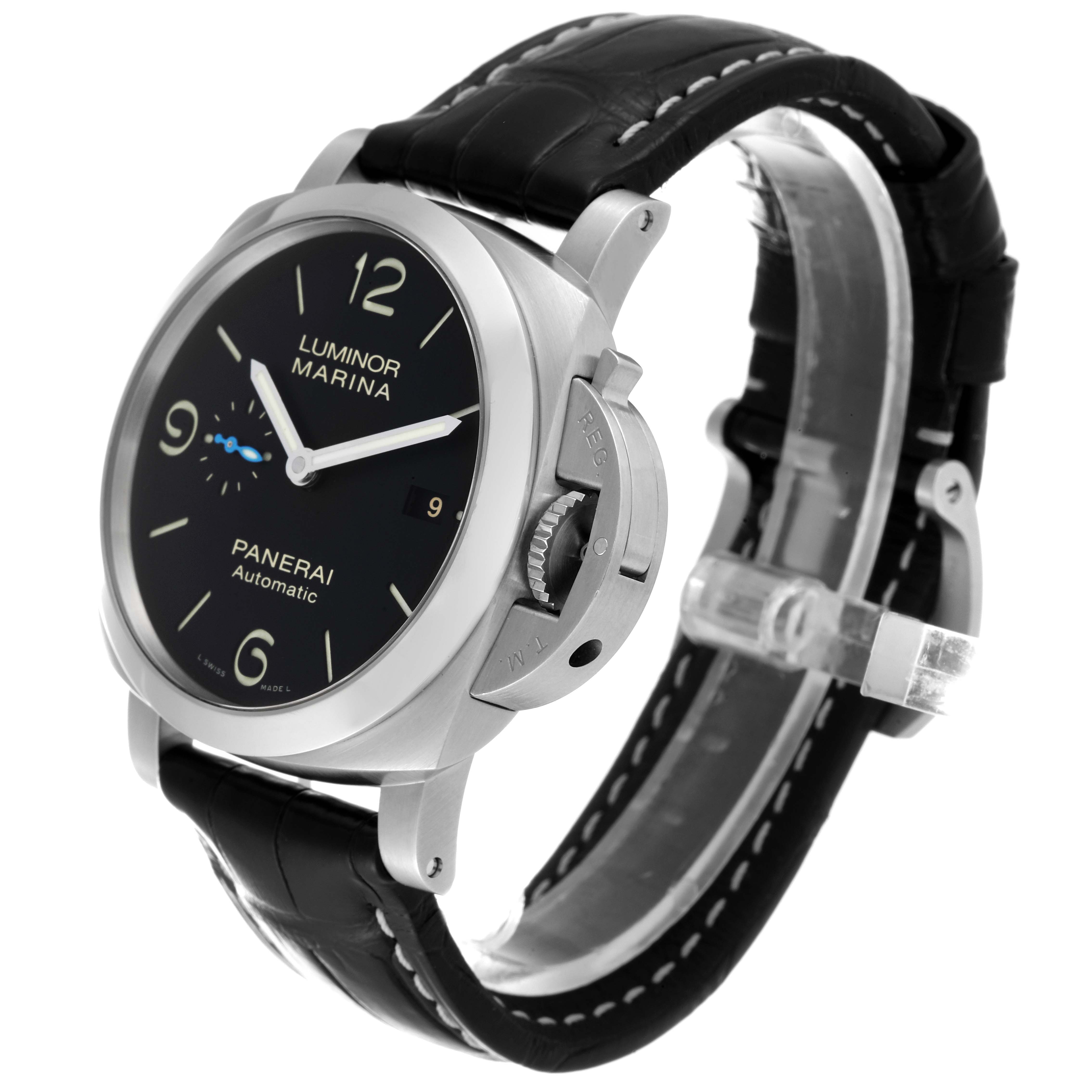 The image shows a side view angle of a Panerai Luminor PAM01312 Men's Stainless Steel Black Dial PAM01312 Men's Stainless Steel Black Dial watch, featuring its face, bezel, crown guard, and leather strap.