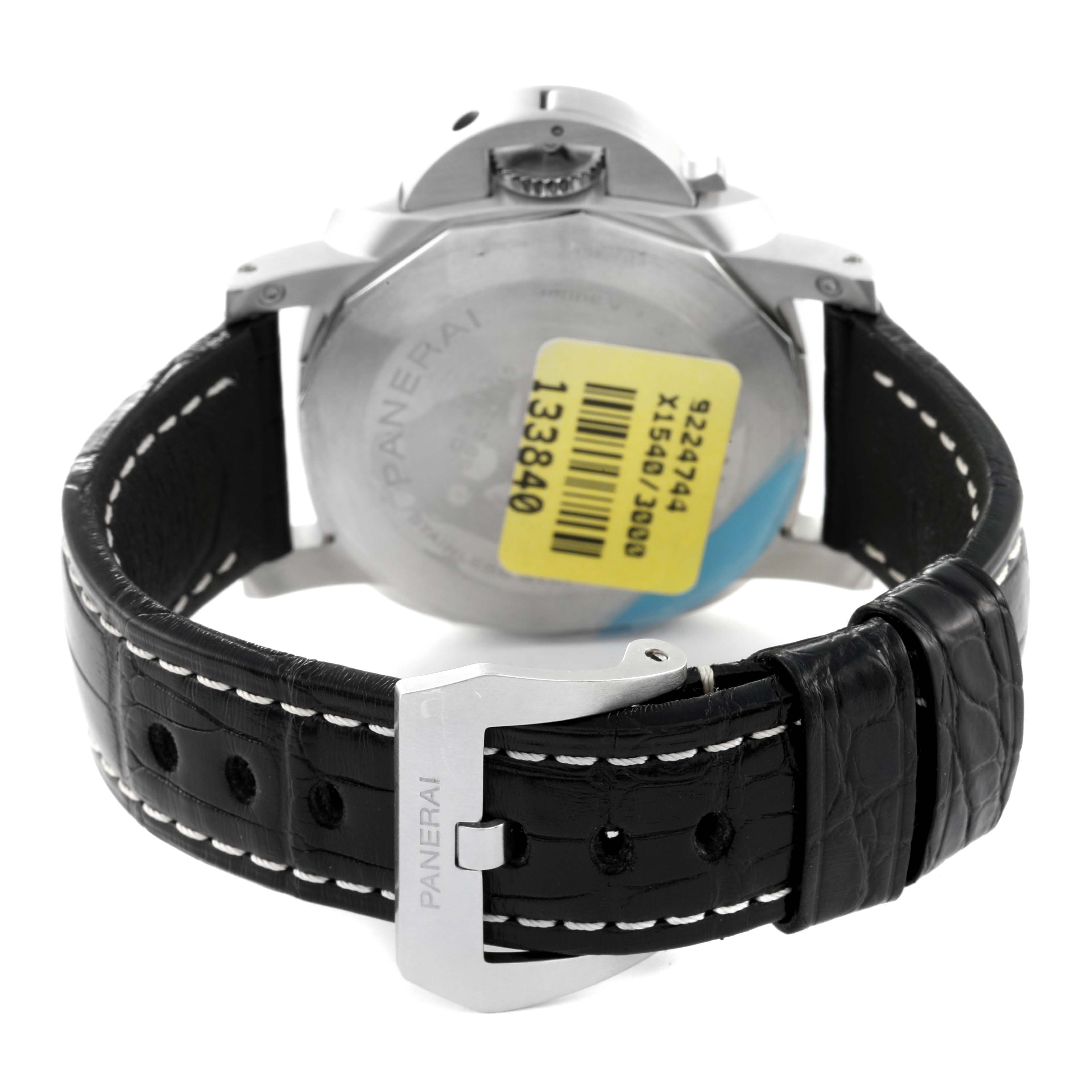 The image shows the back view of a Panerai Luminor PAM01312 Men's Stainless Steel Black Dial PAM01312 Men's Stainless Steel Black Dial watch, highlighting the strap, case back, and buckle.