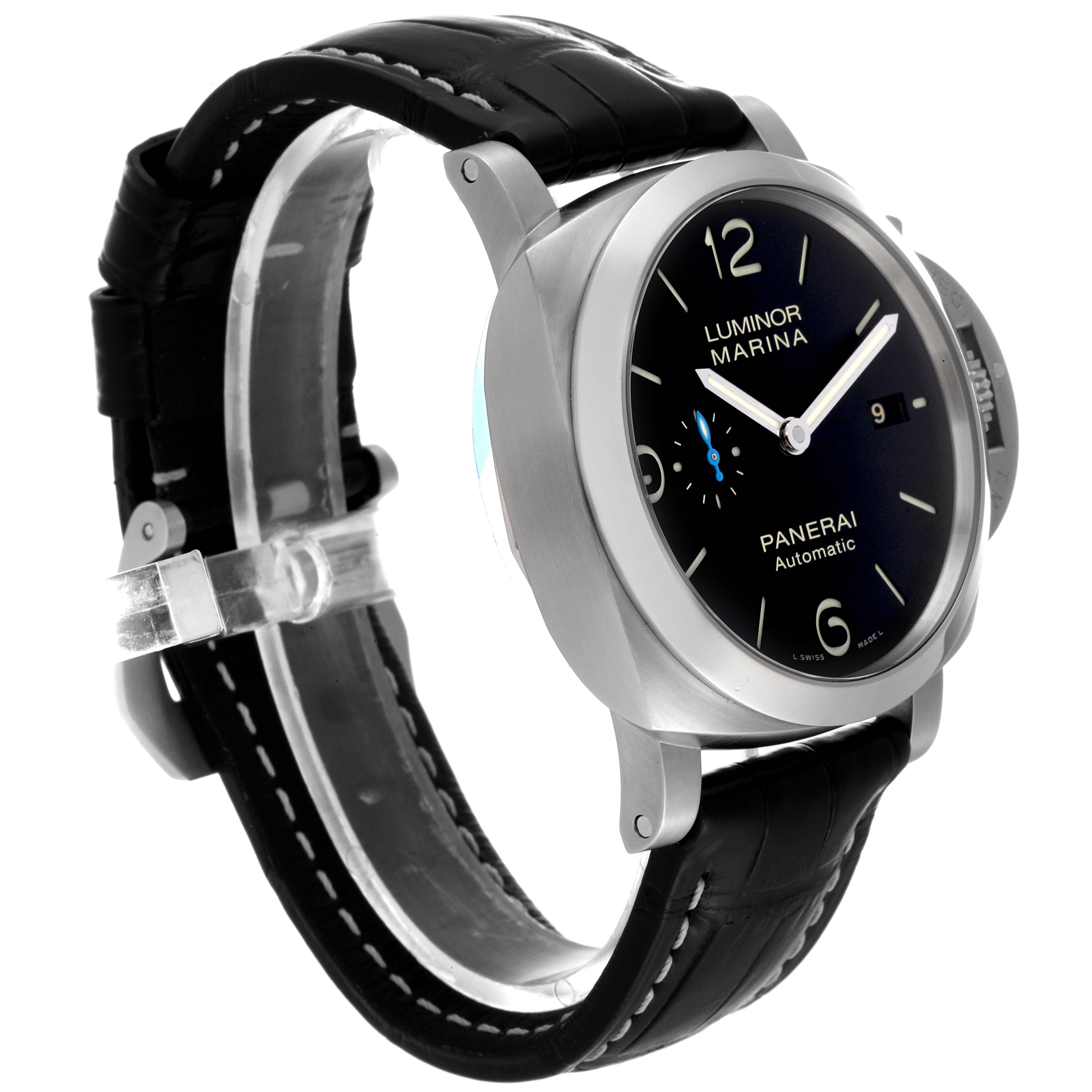 This image shows a Panerai Luminor PAM01312 Men's Stainless Steel Black Dial PAM01312 Men's Stainless Steel Black Dial watch at an oblique angle, highlighting the face, crown, and black leather strap.
