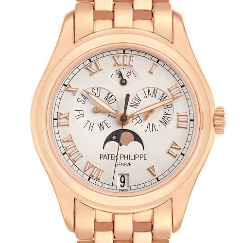 The Patek Philippe Complications 5036 Men's Rose Gold White Dial watch is shown from a front angle, highlighting its dial and complications.