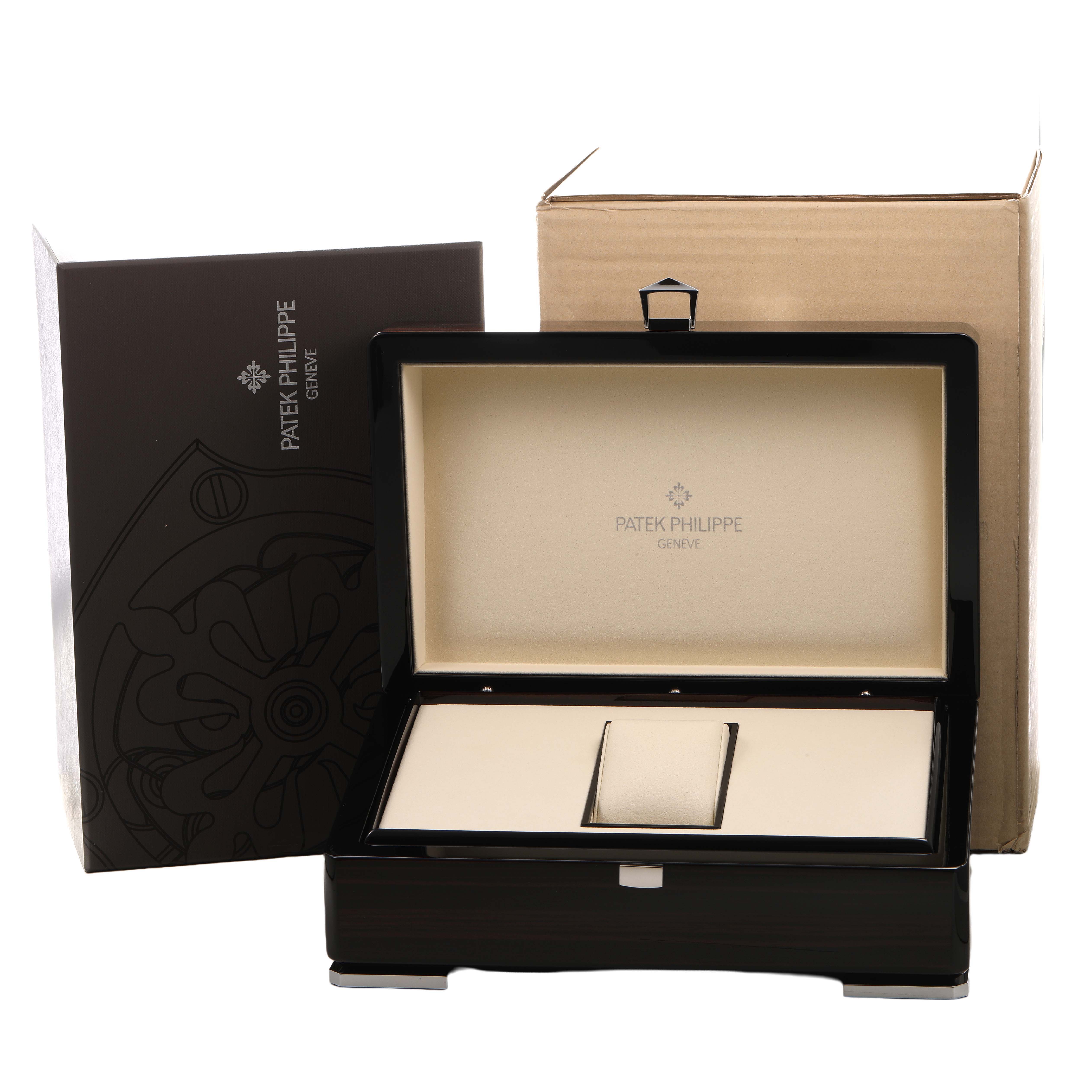 The image shows an open Patek Philippe Complications 5036 Men's Rose Gold White Dial watch box from the front, including the outer box and protective cardboard.