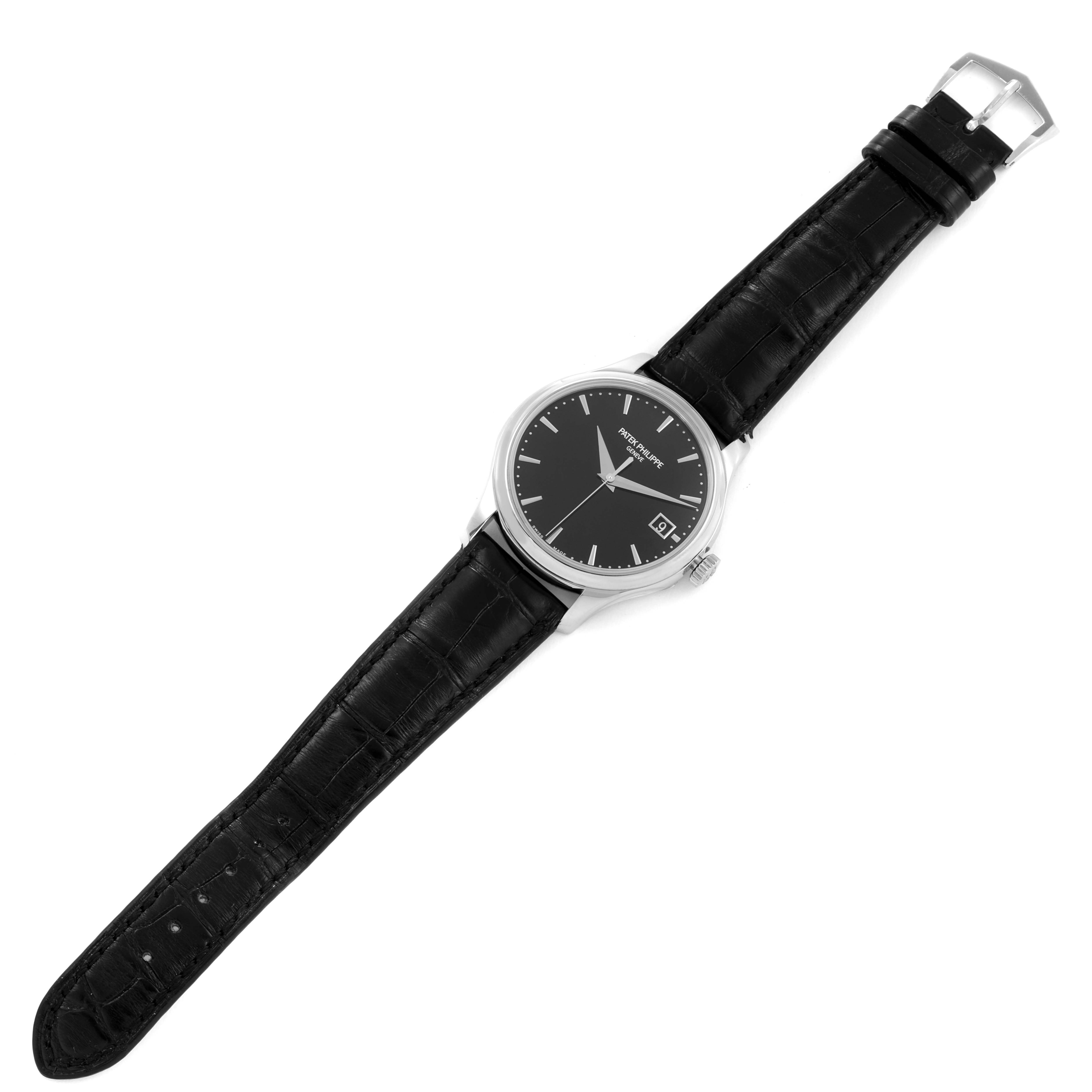 The image shows a full frontal view of a Patek Philippe Calatrava 5227G Men's White Gold Black Dial 5227G Men's White Gold Black Dial watch with a black dial and leather strap.