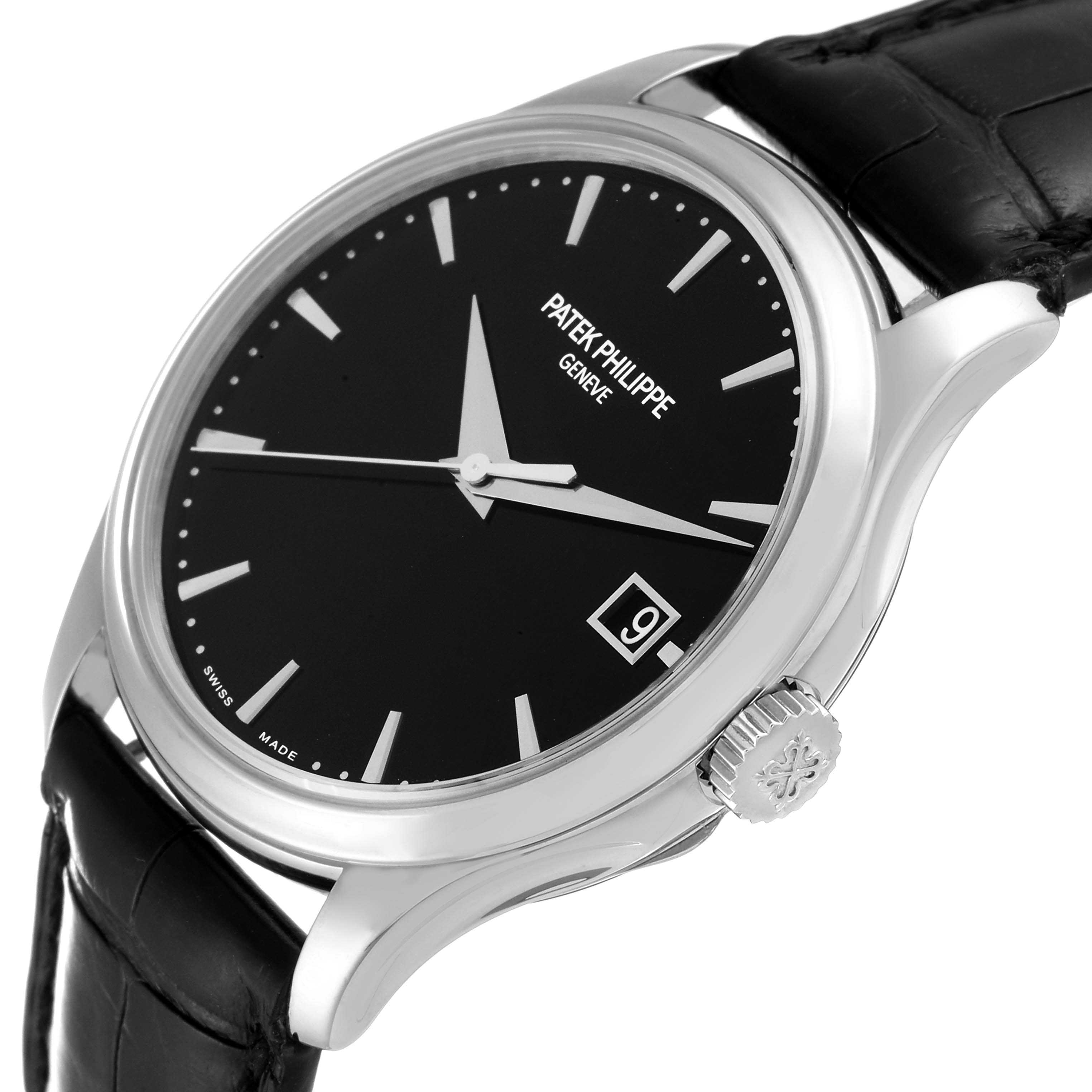 The image shows a close-up angle of the Patek Philippe Calatrava 5227G Men's White Gold Black Dial 5227G Men's White Gold Black Dial watch, highlighting the face, bezel, and crown.