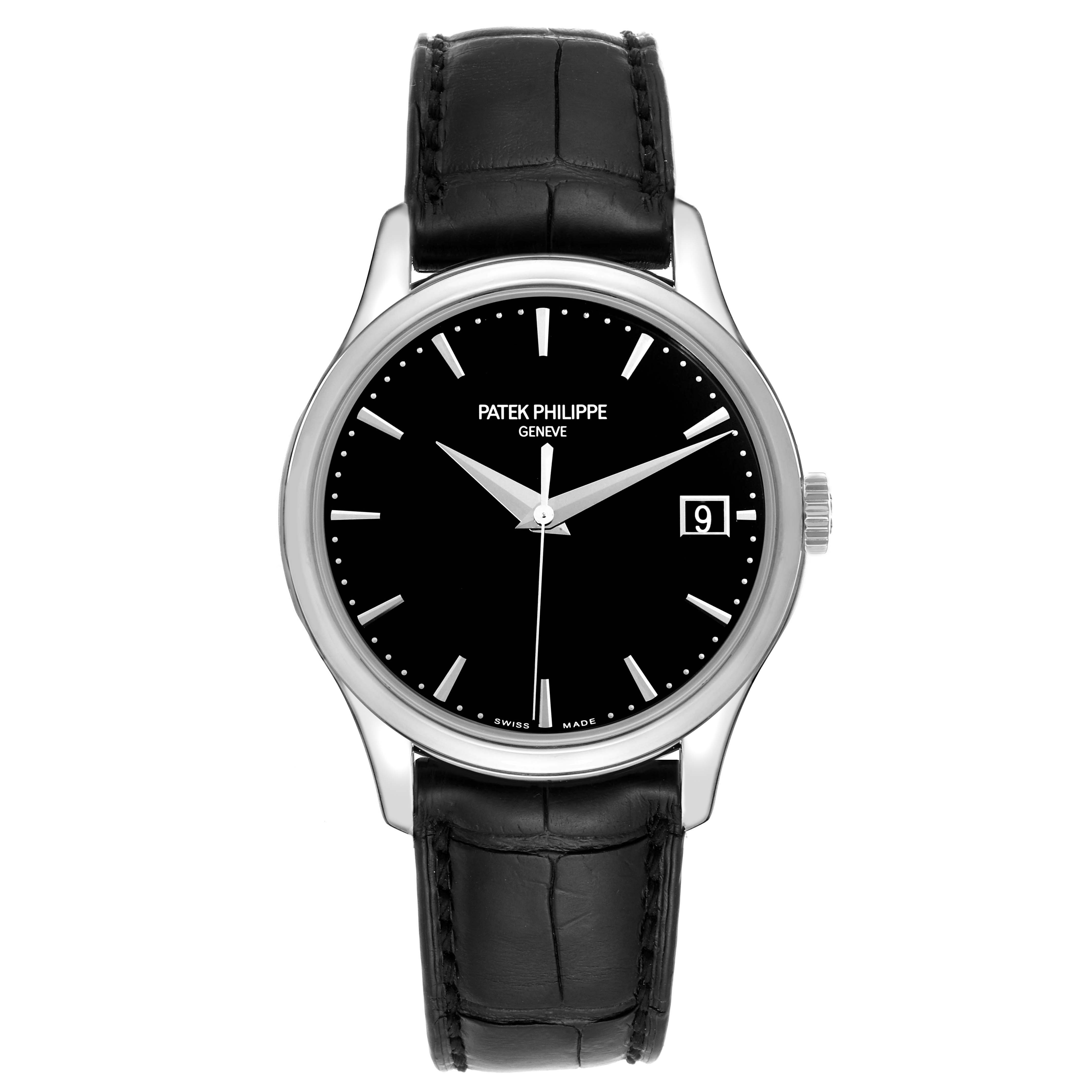 The image shows a front view of the Patek Philippe Calatrava 5227G Men's White Gold Black Dial 5227G Men's White Gold Black Dial watch, highlighting its black dial, date display, and black leather strap.