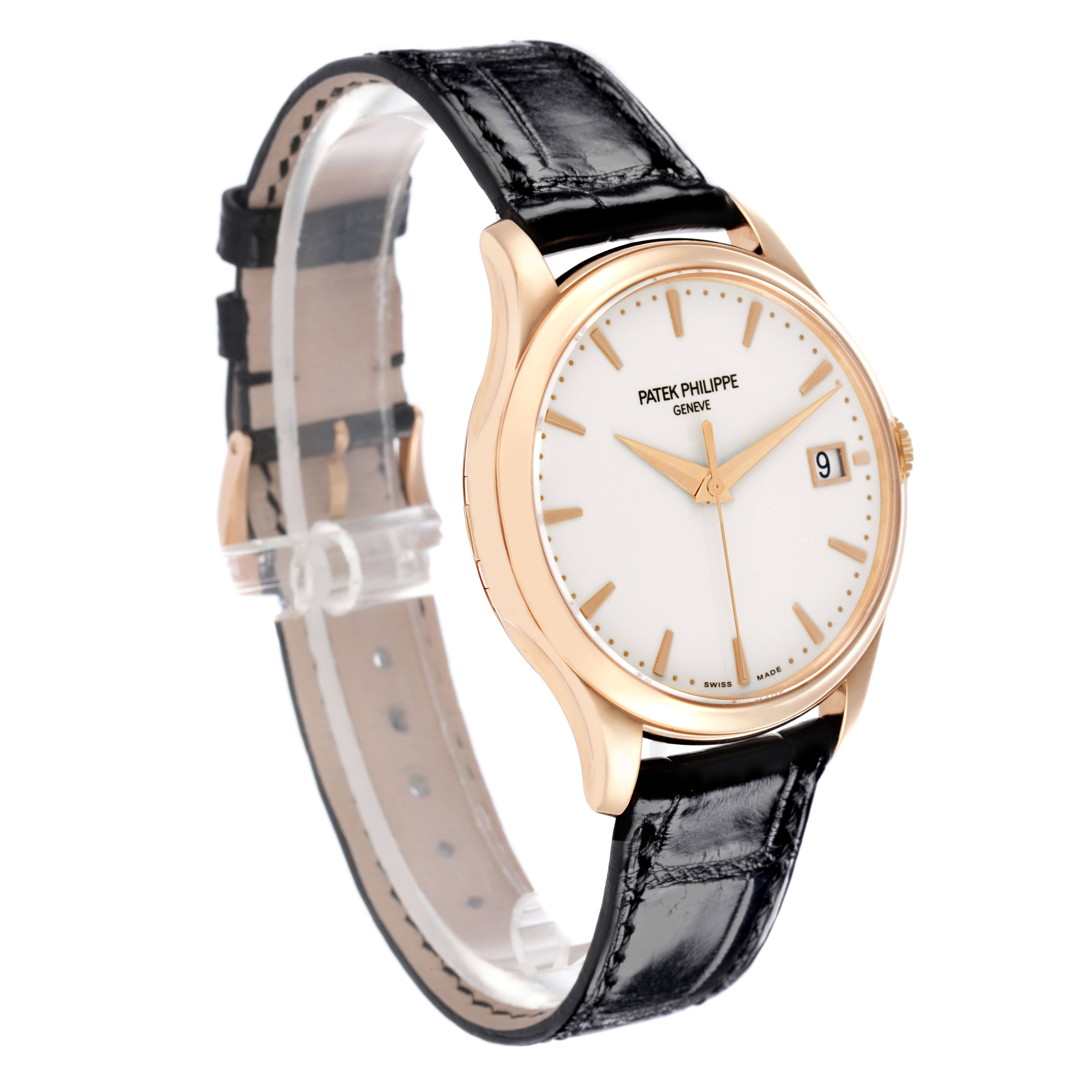 The Patek Philippe Calatrava 5227R Men's Rose Gold Beige Dial watch is shown at a slight angle, displaying the face, dial, and leather strap.
