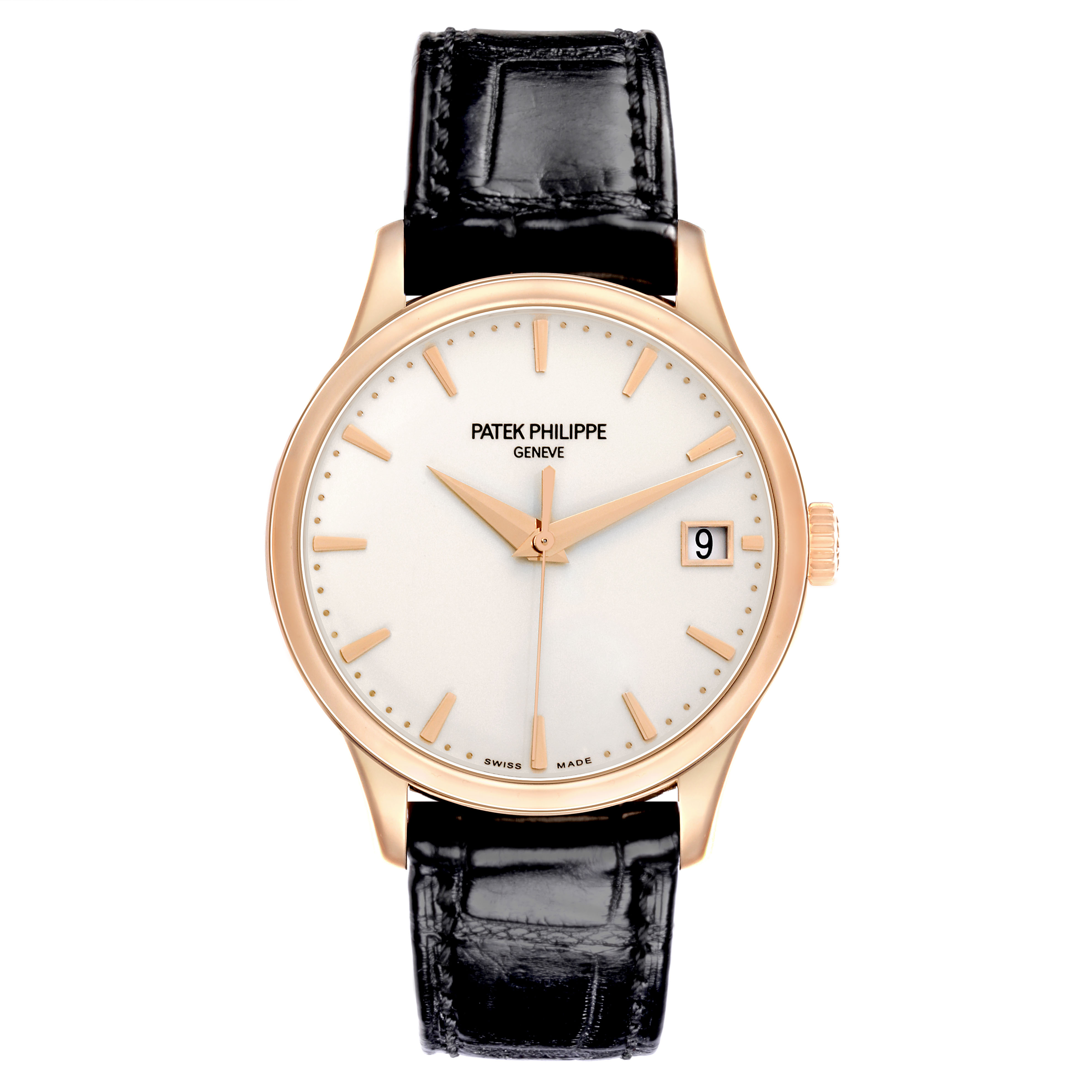 The Patek Philippe Calatrava 5227R Men's Rose Gold Beige Dial watch is shown from the front, displaying the dial, hour markers, and date window.