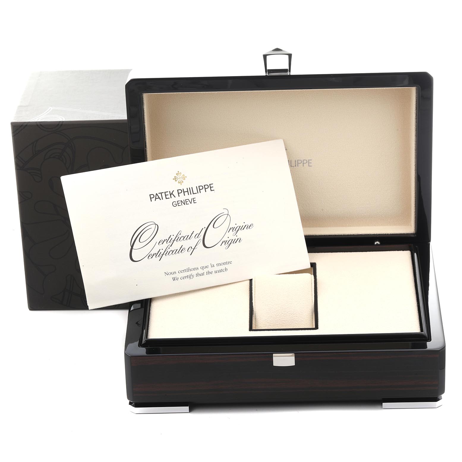 The image shows a Patek Philippe Calatrava 5227R Men's Rose Gold Beige Dial watch box at an angle with a Certificate of Origin displayed in front.