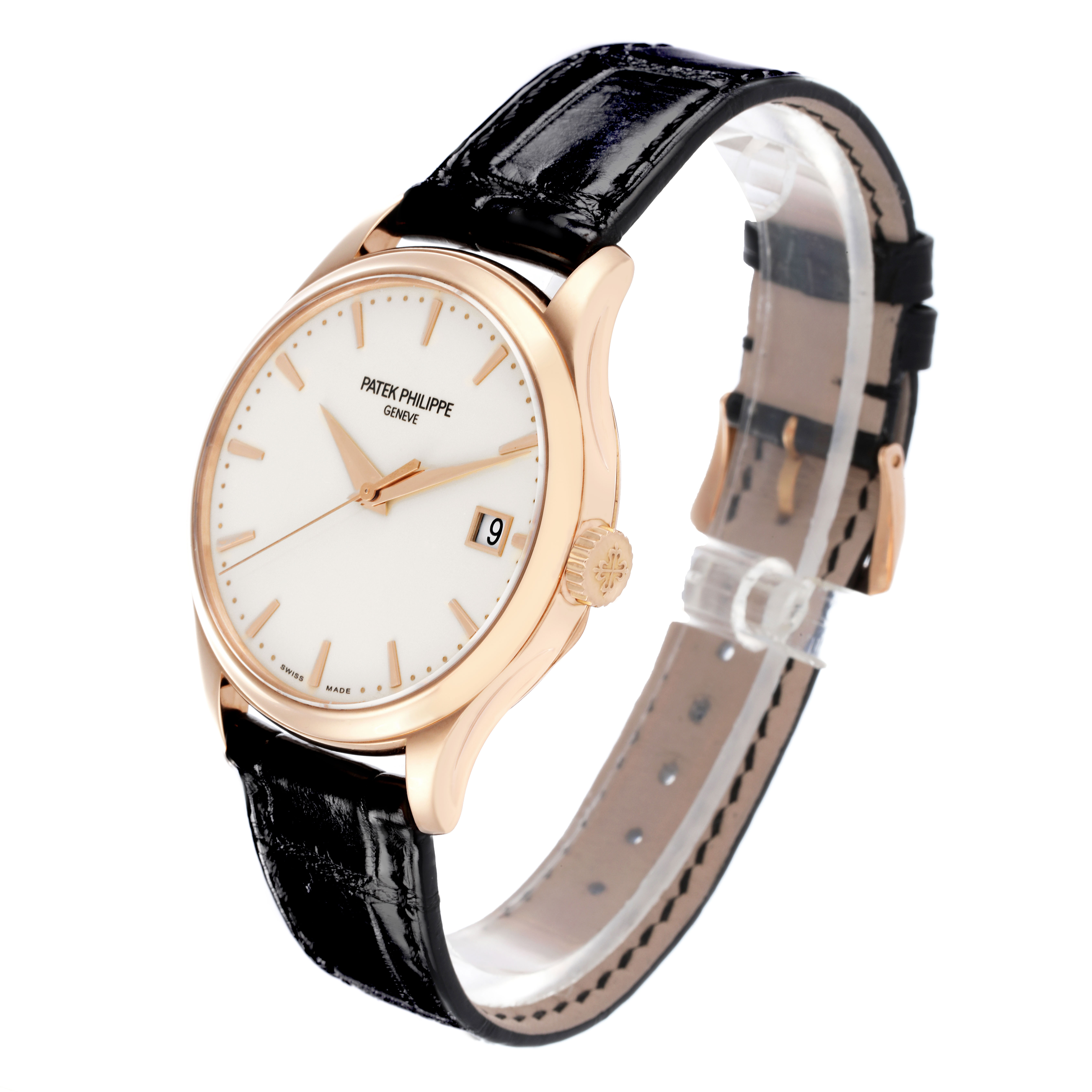 The Patek Philippe Calatrava 5227R Men's Rose Gold Beige Dial watch is shown at a slight angle, displaying the dial, crown, case, and leather strap.
