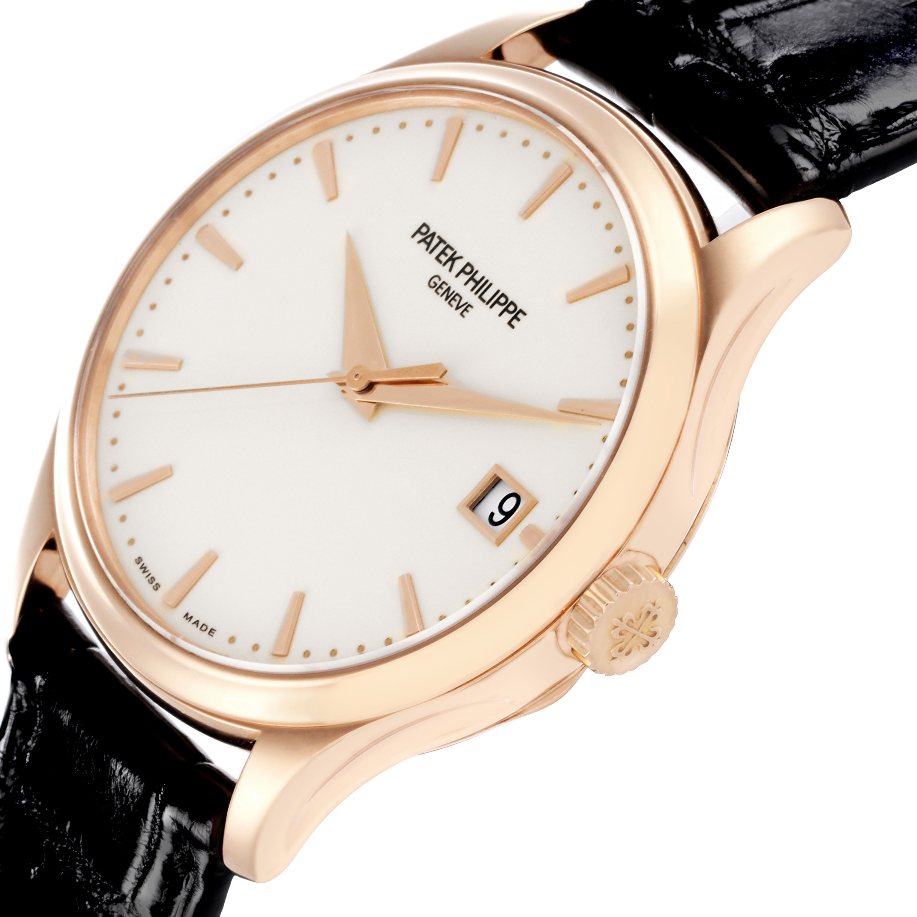 The Patek Philippe Calatrava 5227R Men's Rose Gold Beige Dial watch is shown at a three-quarter angle, highlighting the dial, hands, case, crown, and date window.