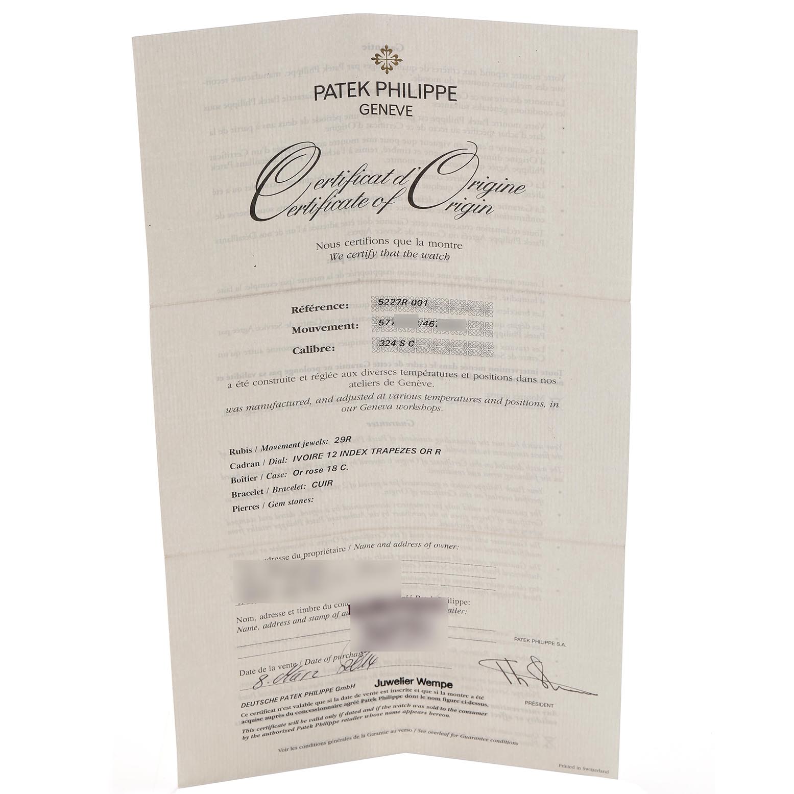 The image shows a Certificate of Origin for a Patek Philippe Calatrava 5227R Men's Rose Gold Beige Dial watch, displaying details like reference and movement numbers.