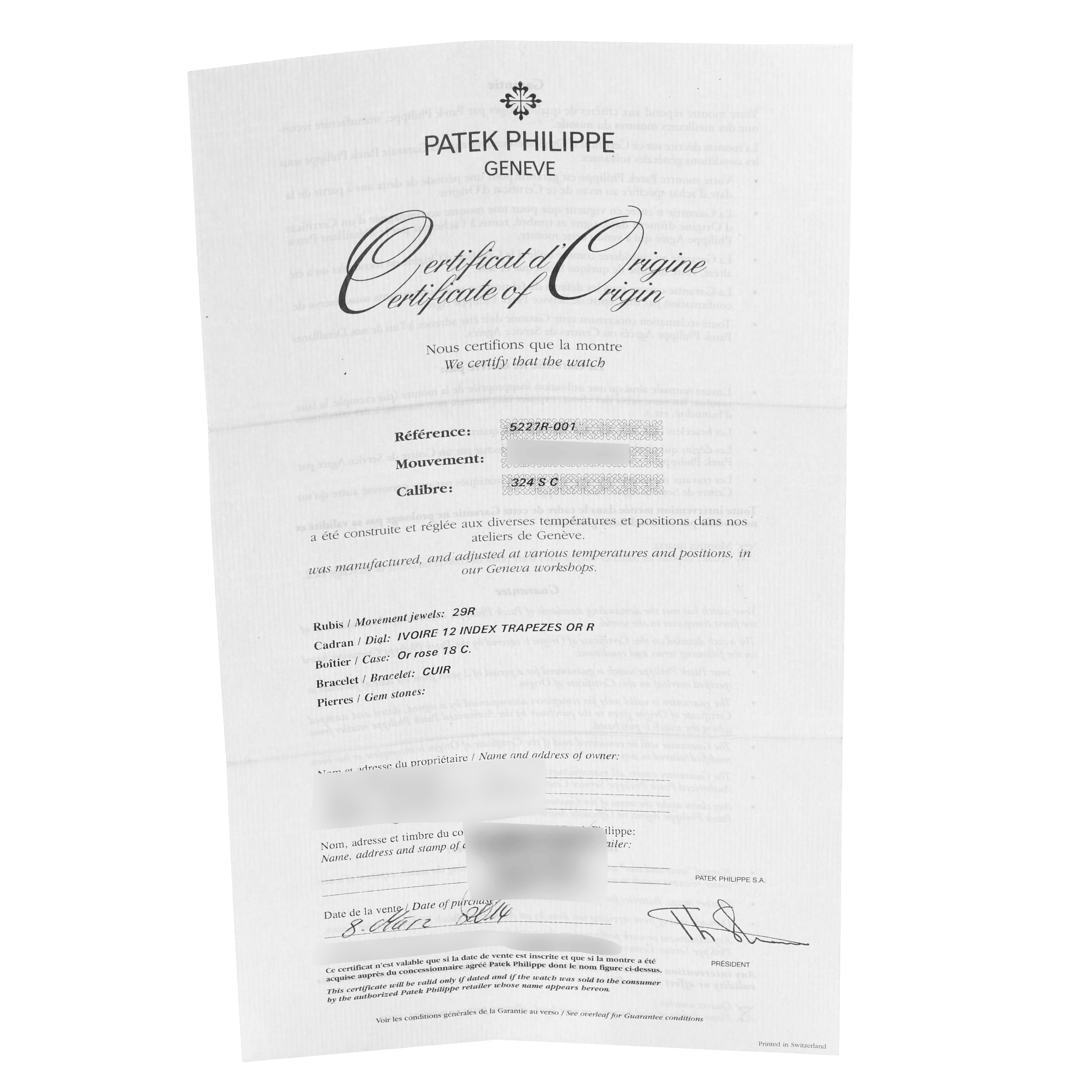 The image shows a certificate for a Patek Philippe Calatrava 5227R Men's Rose Gold Beige Dial watch, detailing its specifications and authenticity.