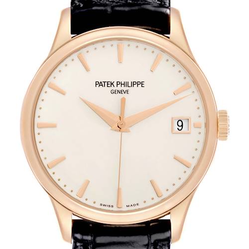 The image shows a frontal view of the Patek Philippe Calatrava 5227R Men's Rose Gold Beige Dial watch, displaying its dial, hands, crown, and date window.