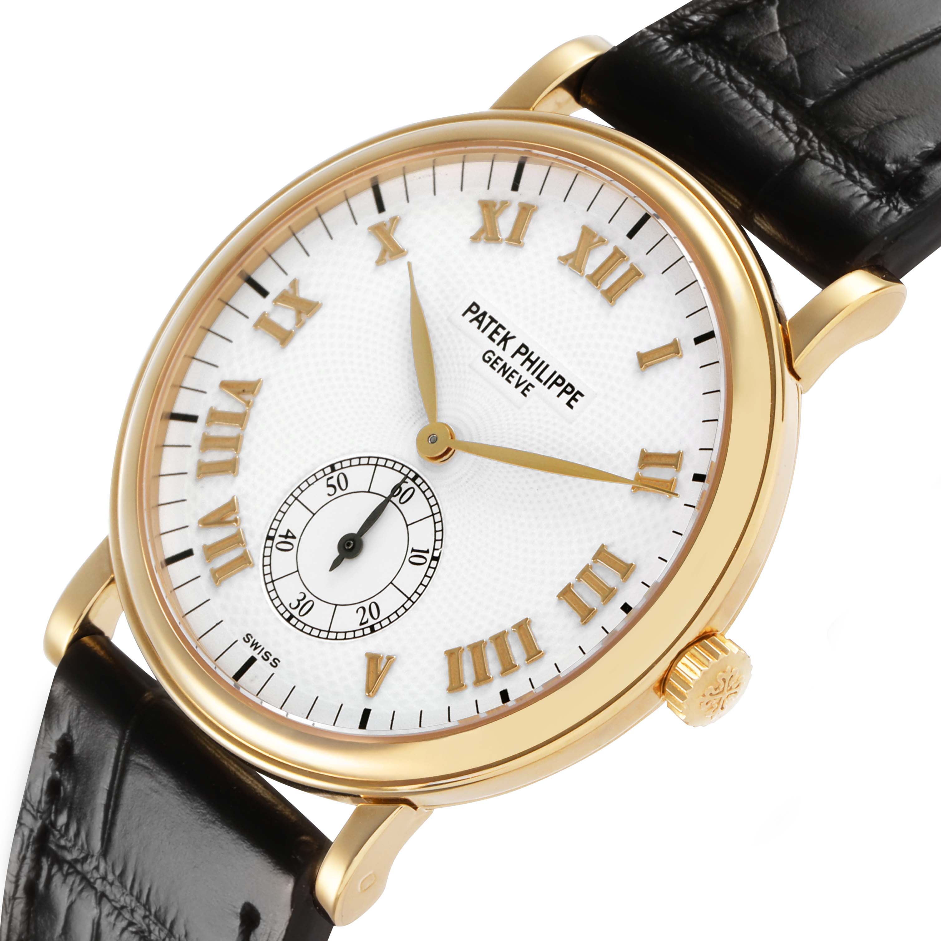The Patek Philippe Calatrava 5022R Men's Yellow Gold White Dial watch is shown at a slight angle, highlighting its gold case, Roman numeral markers, and black leather strap.