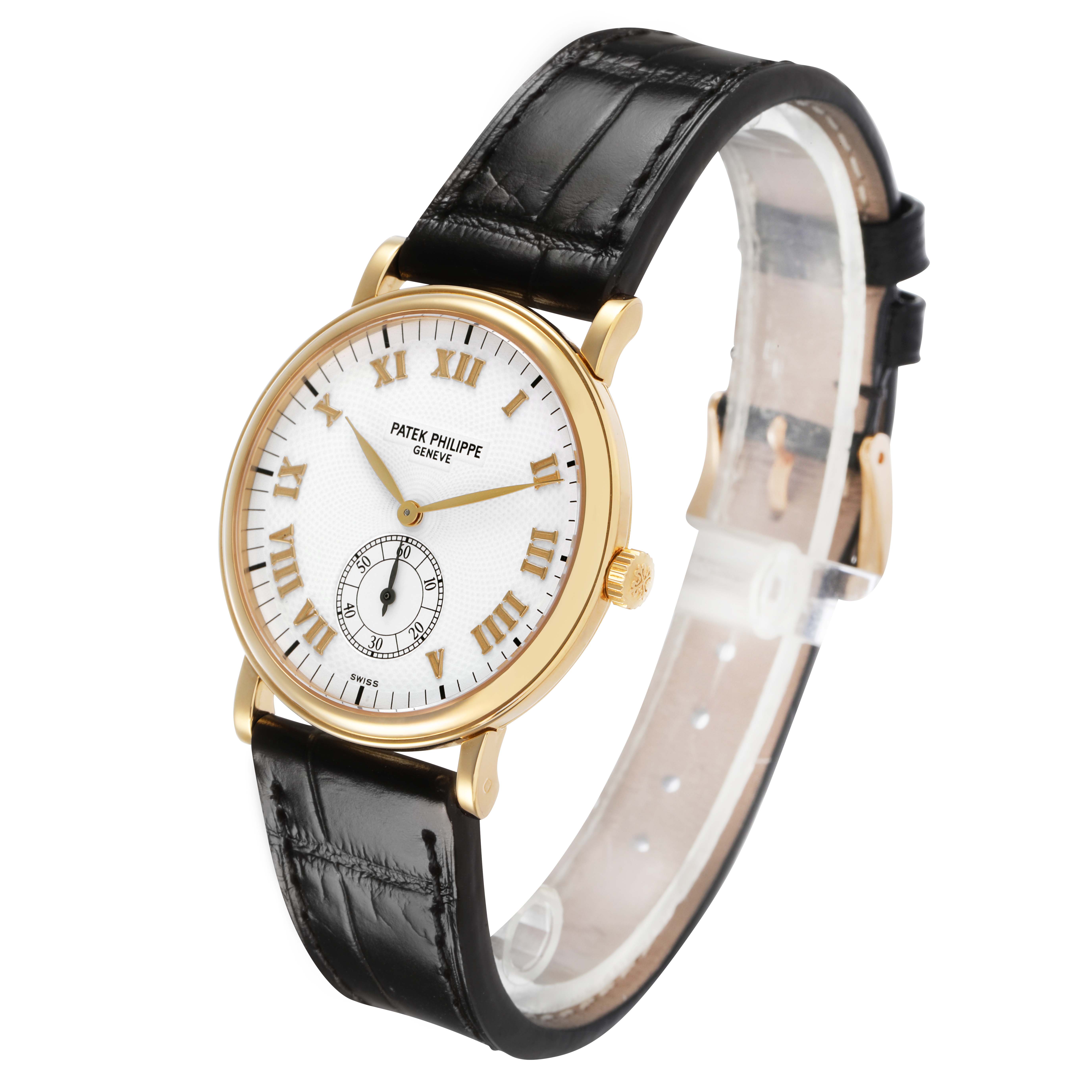 The Patek Philippe Calatrava 5022R Men's Yellow Gold White Dial watch is shown at a three-quarter angle, displaying its face, Roman numerals, crown, and leather strap.