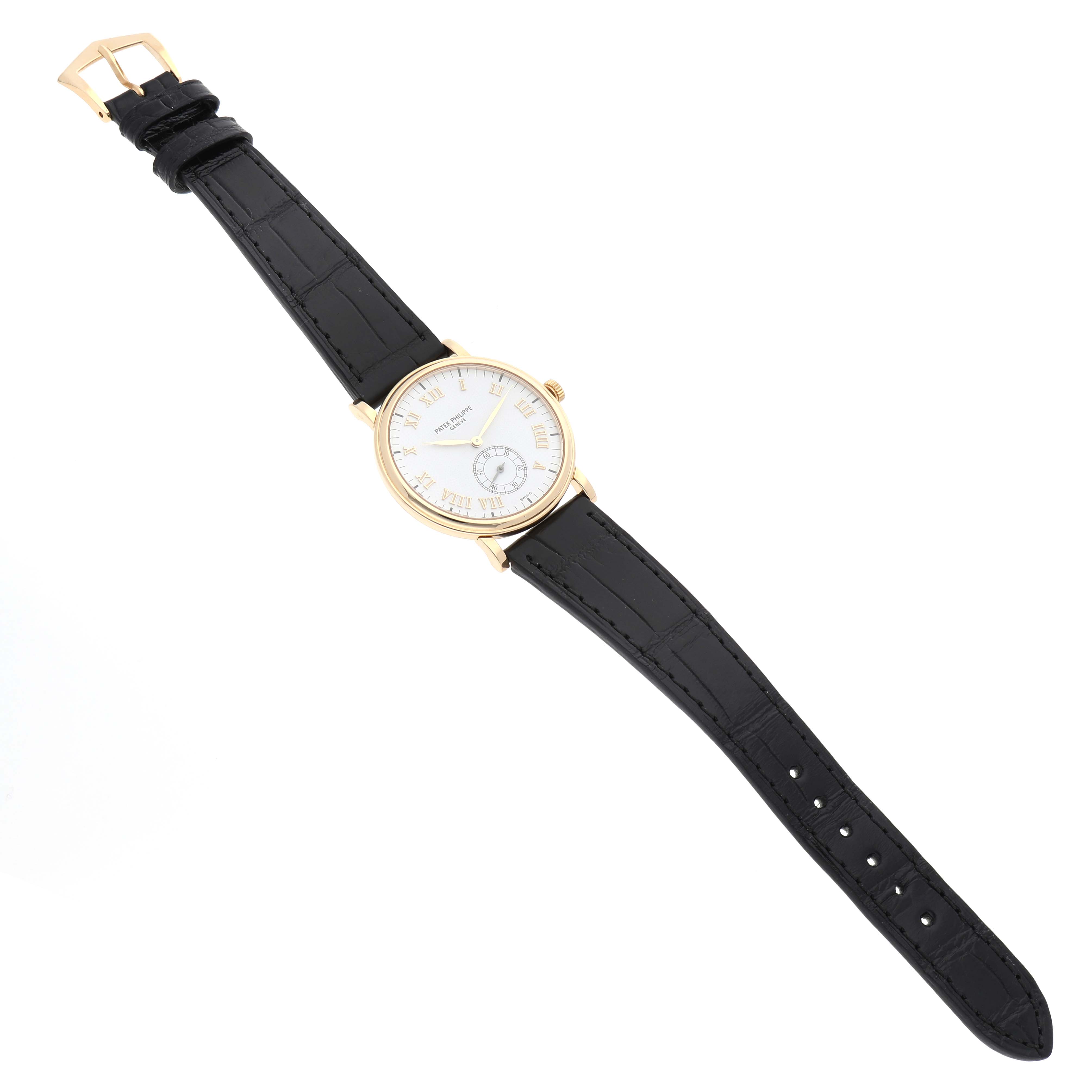 The Patek Philippe Calatrava 5022R Men's Yellow Gold White Dial watch is shown from a top view, displaying the case, dial, and black leather strap.