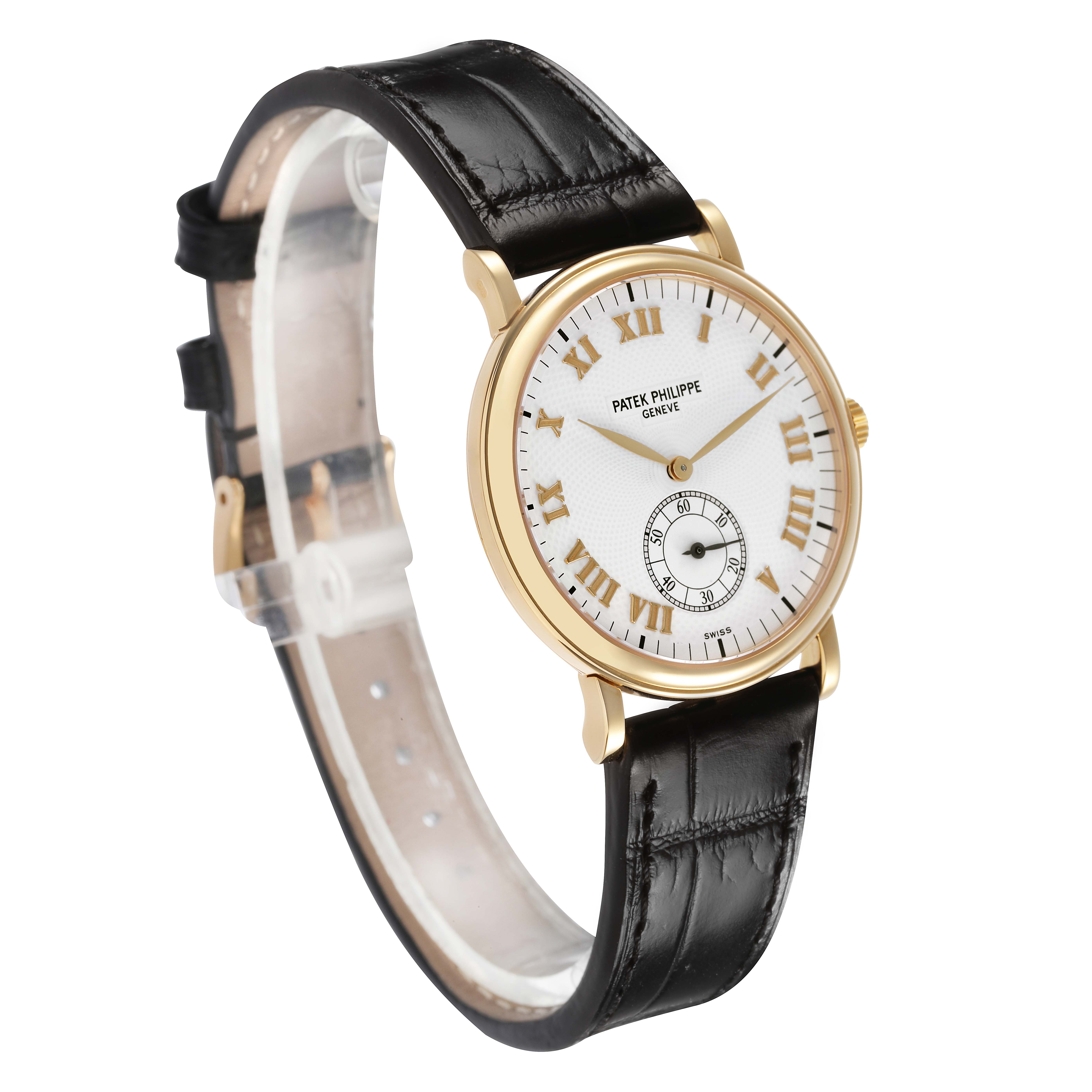 The Patek Philippe Calatrava 5022R Men's Yellow Gold White Dial watch is shown at an angled view, highlighting its face, leather strap, and gold case.