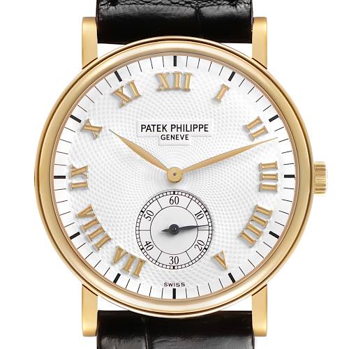 The Patek Philippe Calatrava 5022R Men's Yellow Gold White Dial watch is shown from the front, displaying the dial, hands, indices, and part of the strap.