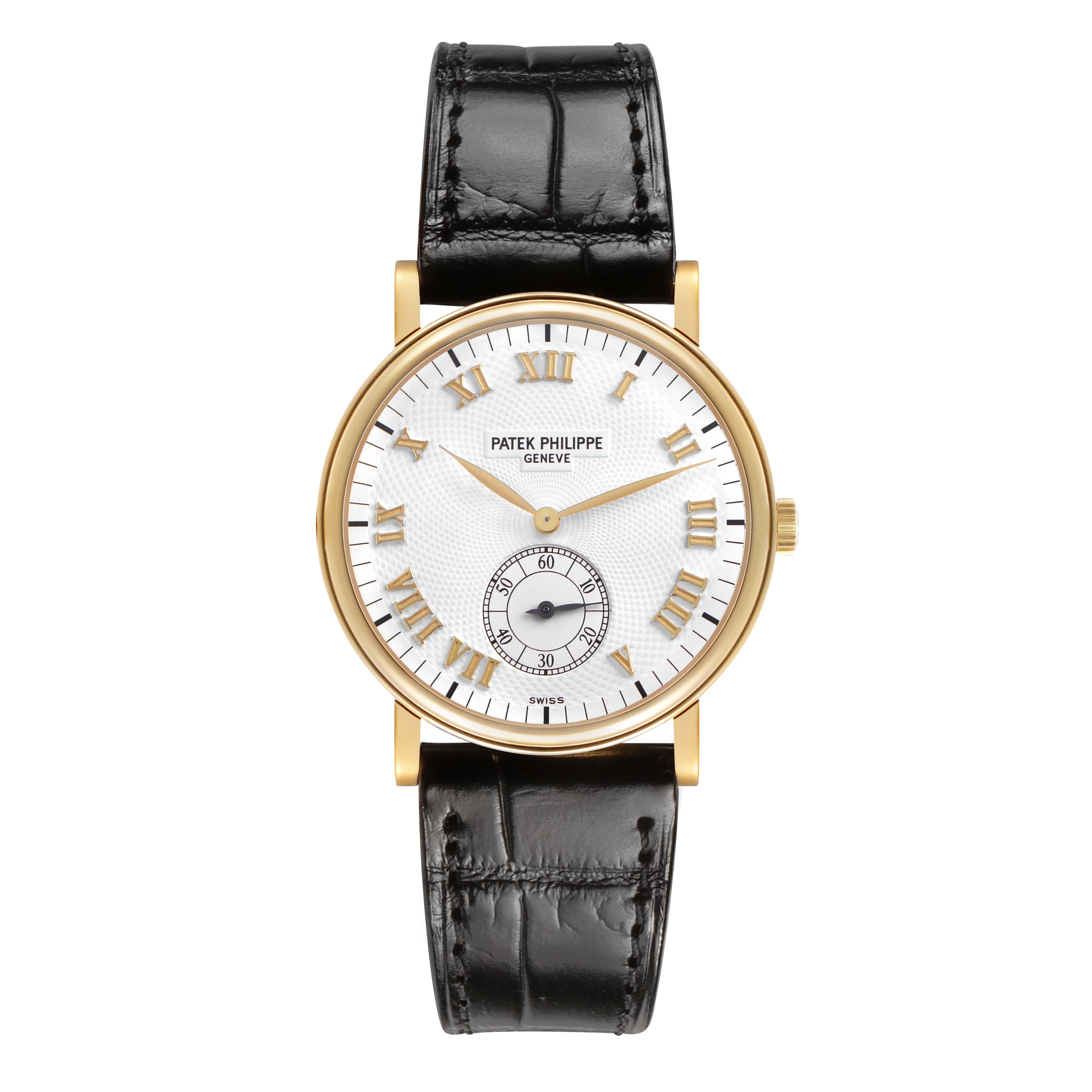 The Patek Philippe Calatrava 5022R Men's Yellow Gold White Dial watch is shown from a front angle, displaying its dial, hands, and leather strap.