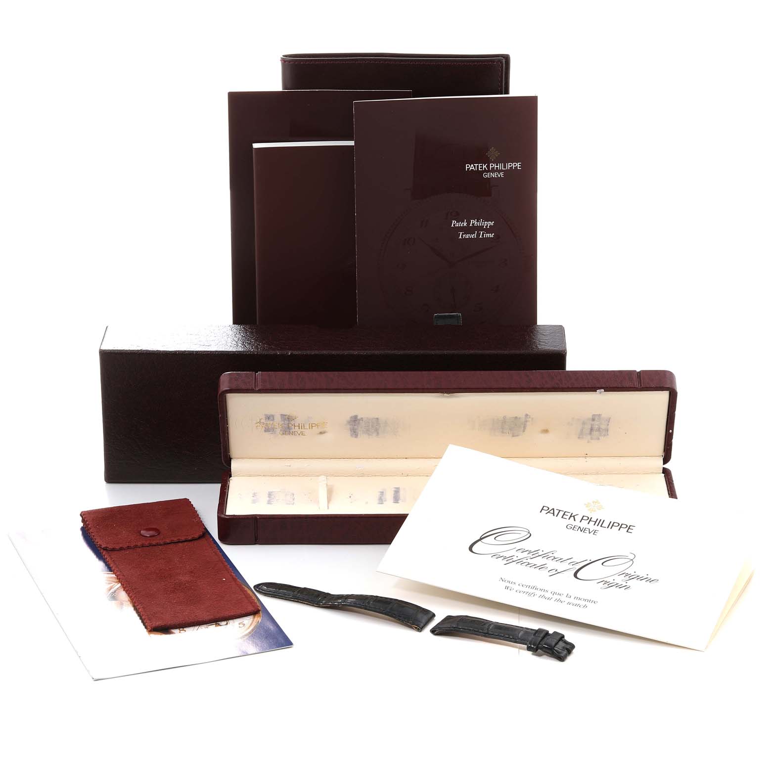 The image shows a Patek Philippe Calatrava 5034J Men's Yellow Gold White Dial 5034J Men's Yellow Gold White Dial watch set with a box, manuals, certificate, and extra straps.
