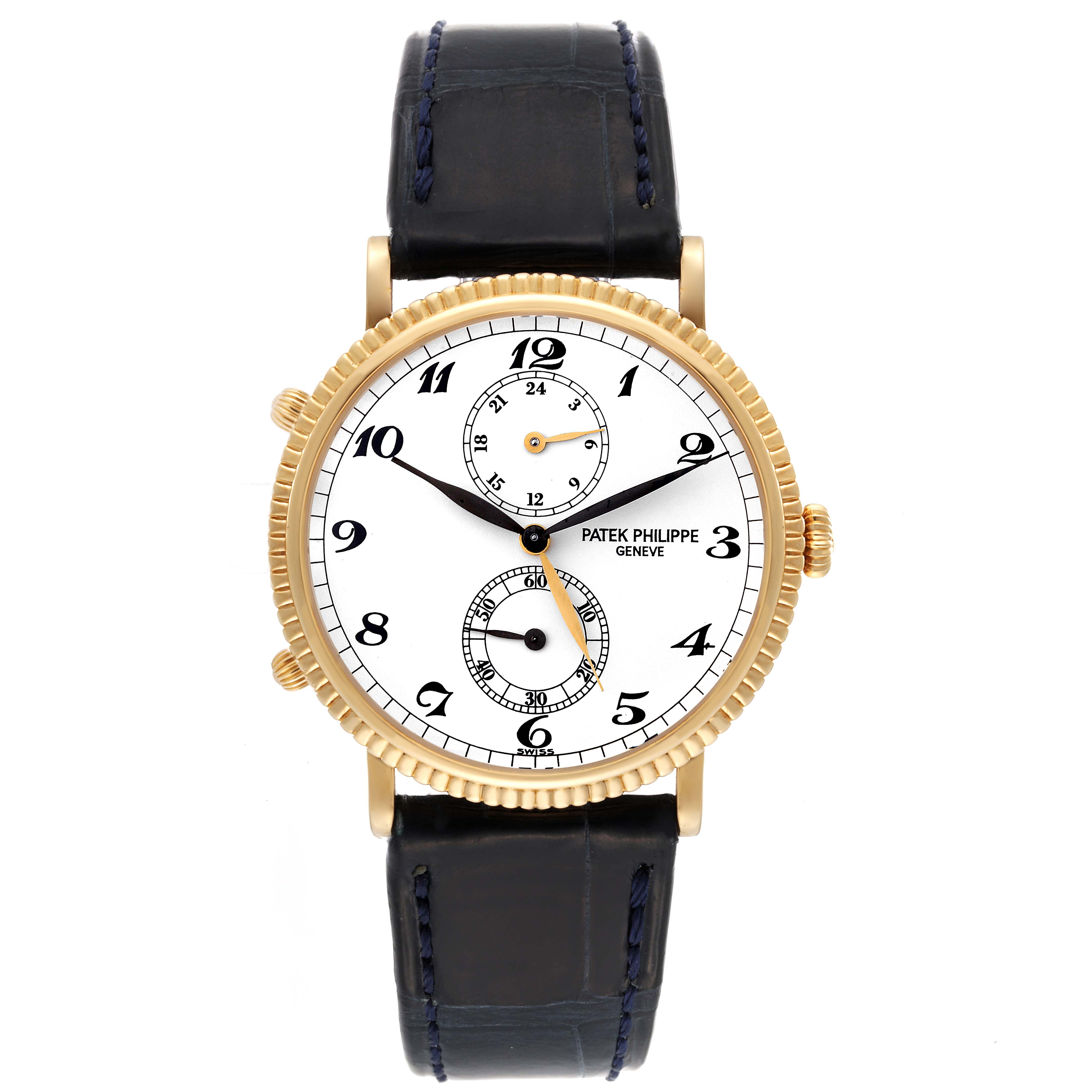 The image shows a front view of a Patek Philippe Calatrava 5034J Men's Yellow Gold White Dial 5034J Men's Yellow Gold White Dial watch, displaying its dial, hands, bezel, and leather strap.
