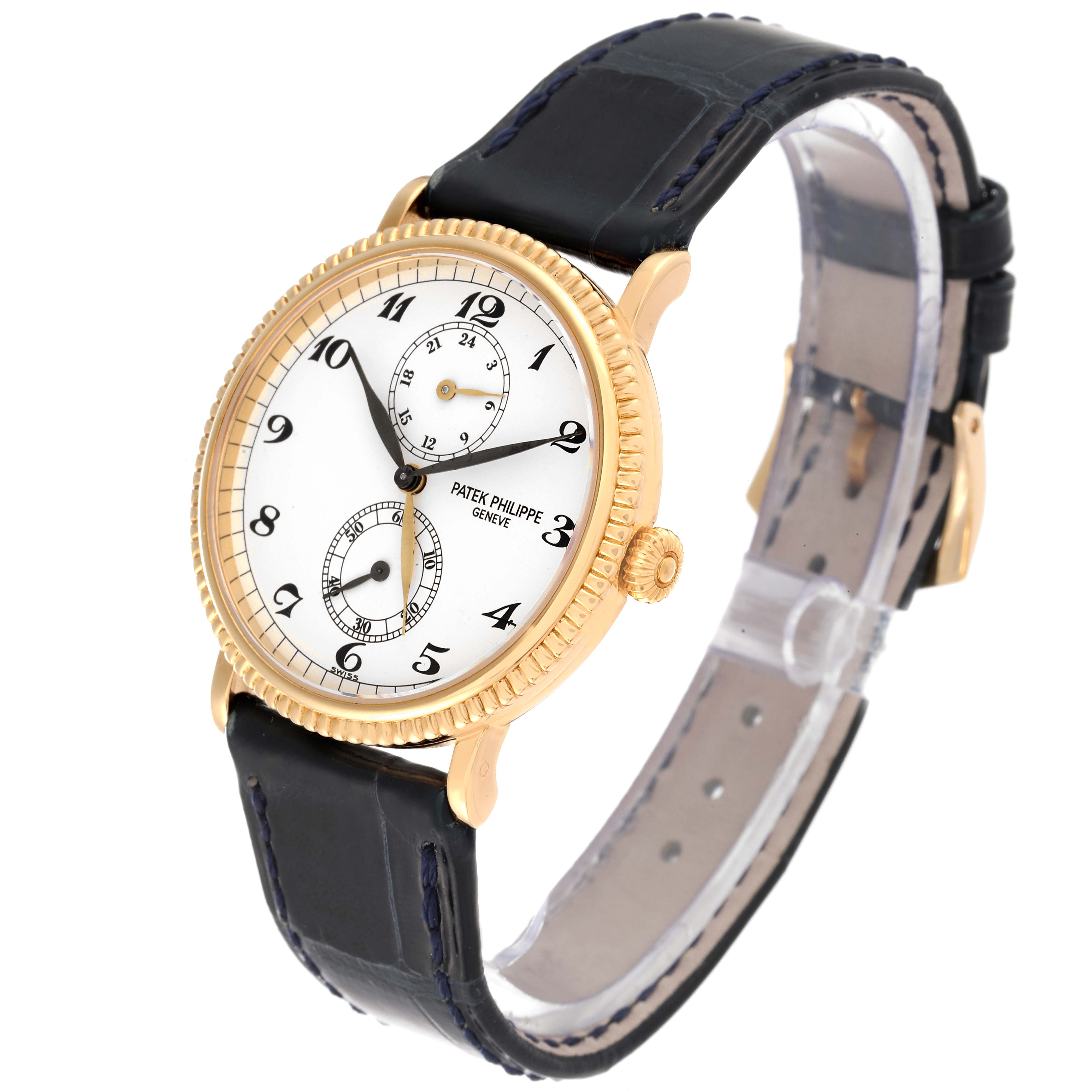 This Patek Philippe Calatrava 5034J Men's Yellow Gold White Dial 5034J Men's Yellow Gold White Dial watch is shown at an angled side view, highlighting the face, bezel, crown, and strap.