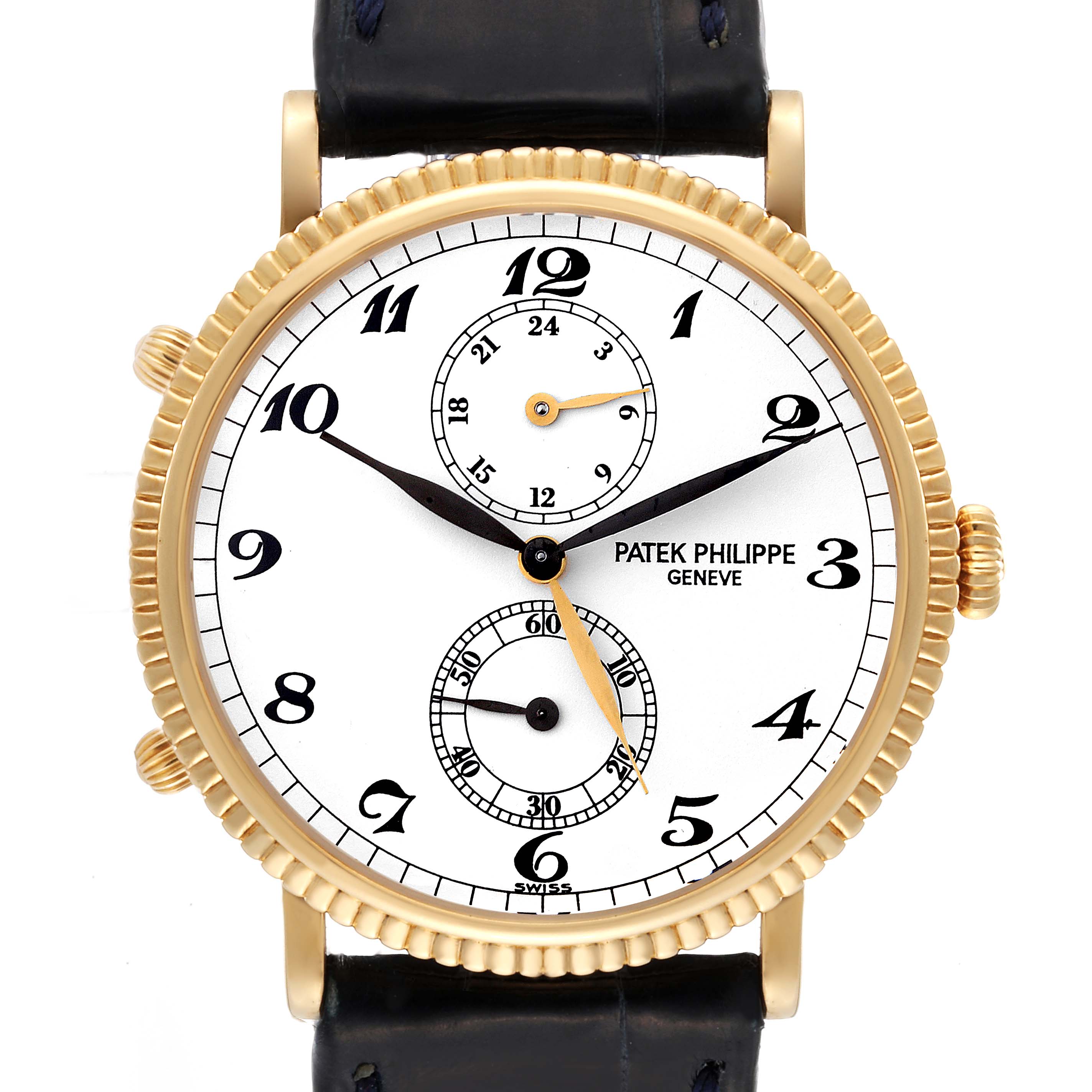 The image shows a front view of a Patek Philippe Calatrava 5034J Men's Yellow Gold White Dial 5034J Men's Yellow Gold White Dial watch, highlighting its white dial, black numerals, and gold case.