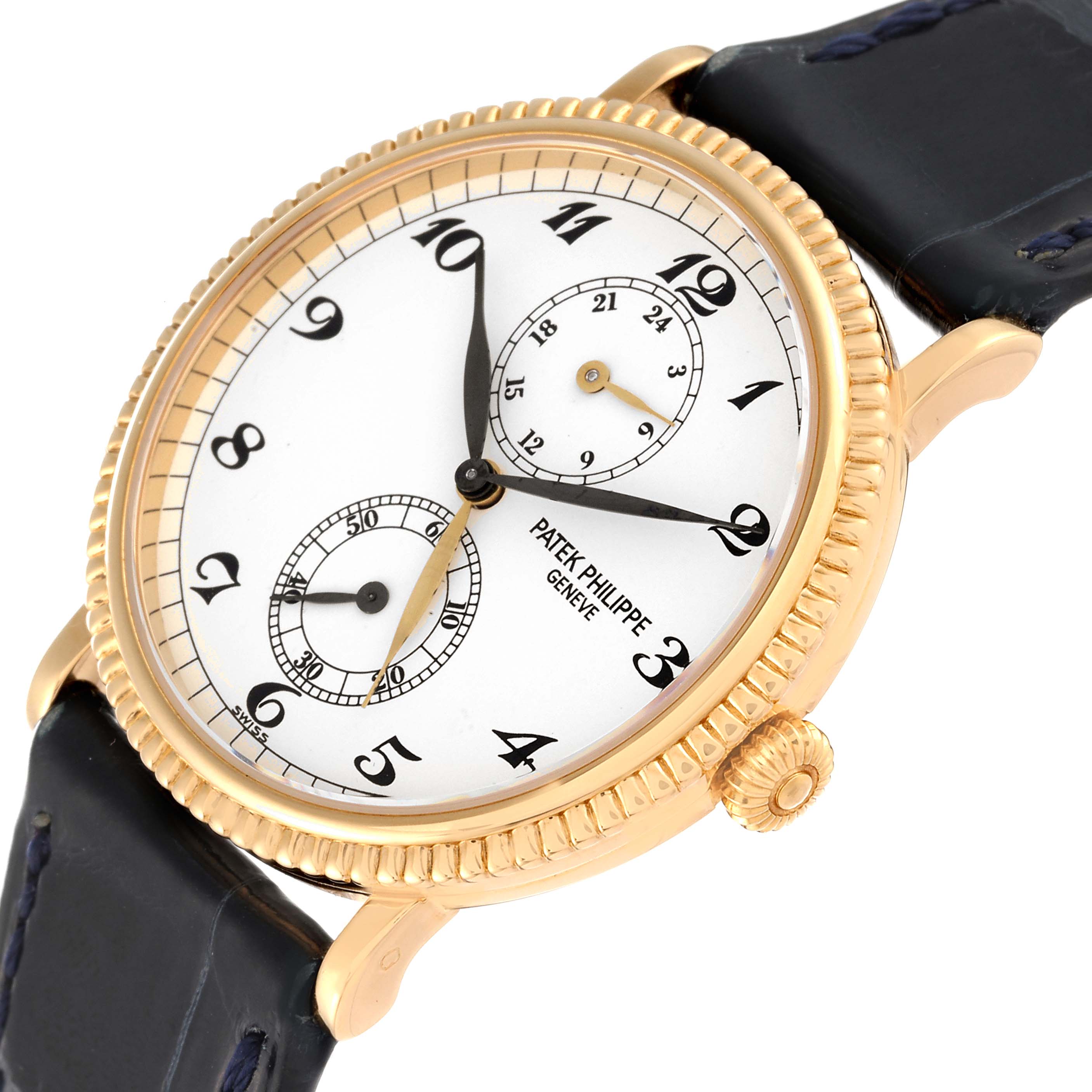 The image shows an angled view of the face and part of the strap of a Patek Philippe Calatrava 5034J Men's Yellow Gold White Dial 5034J Men's Yellow Gold White Dial watch.